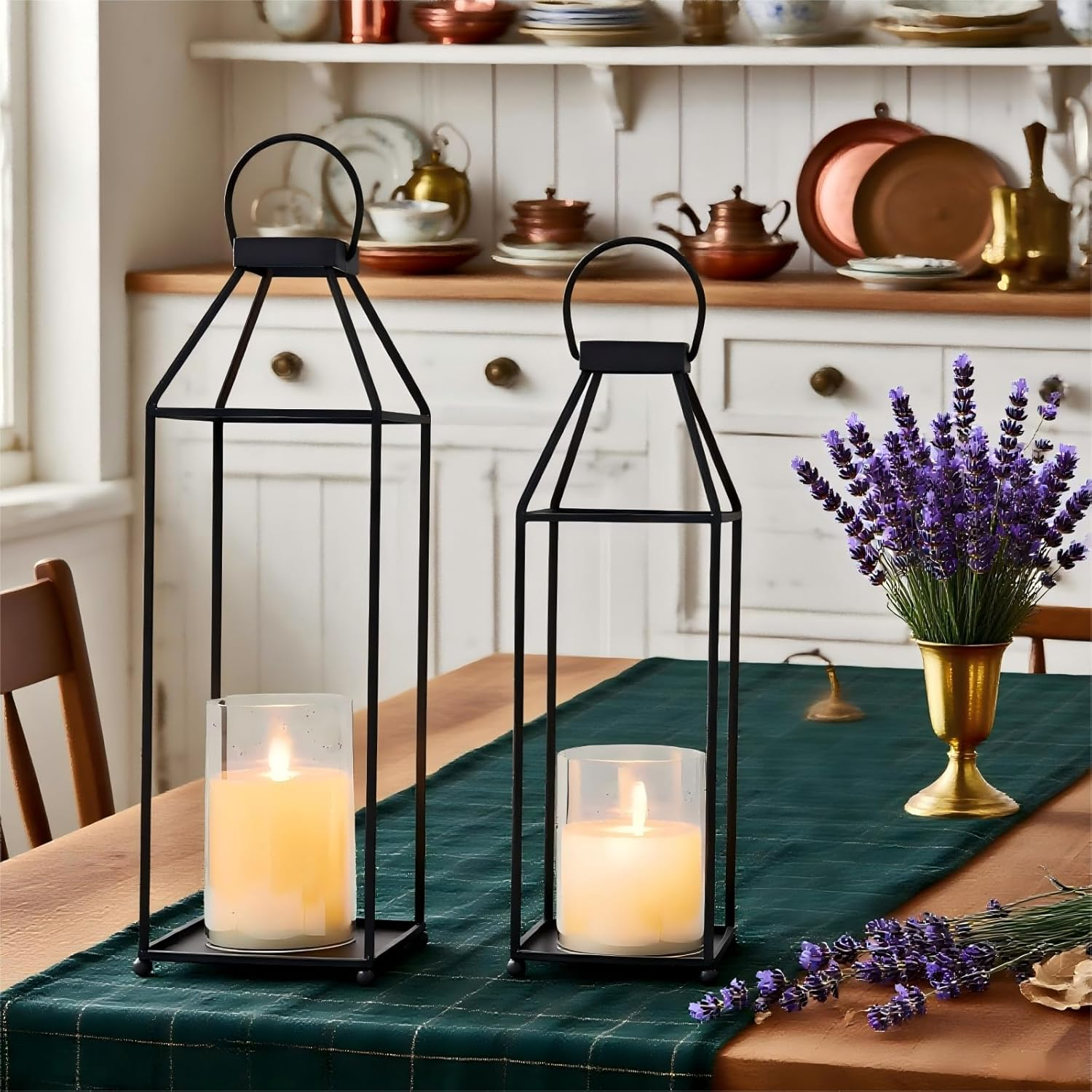Decor Lantern, Metal Candle Lanterns 2 PCS Set, Decorative Lanterns with 2 Flameless LED Candles for Home Decor, Parties & Events(Black) image number 6