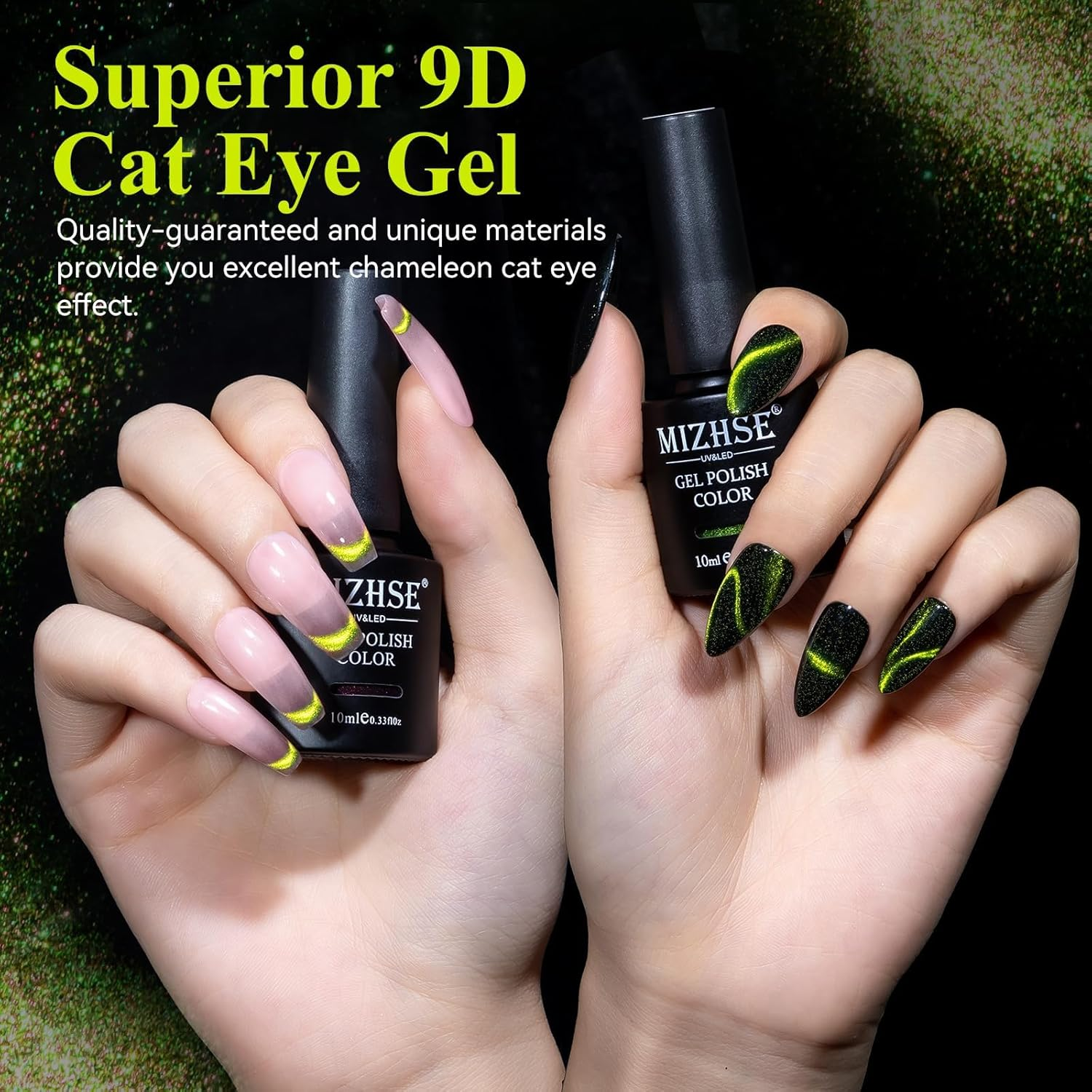 MIZHSE Cat Eye Gel Nail Polish, Bright Green Magnetic Gel Polish with Magnet Stick, Magic Shimmer Galaxy Effect Holographic Glitter Silky Cat Eye Nail Polish Soak off Nail Art Manicure at Home image number 4
