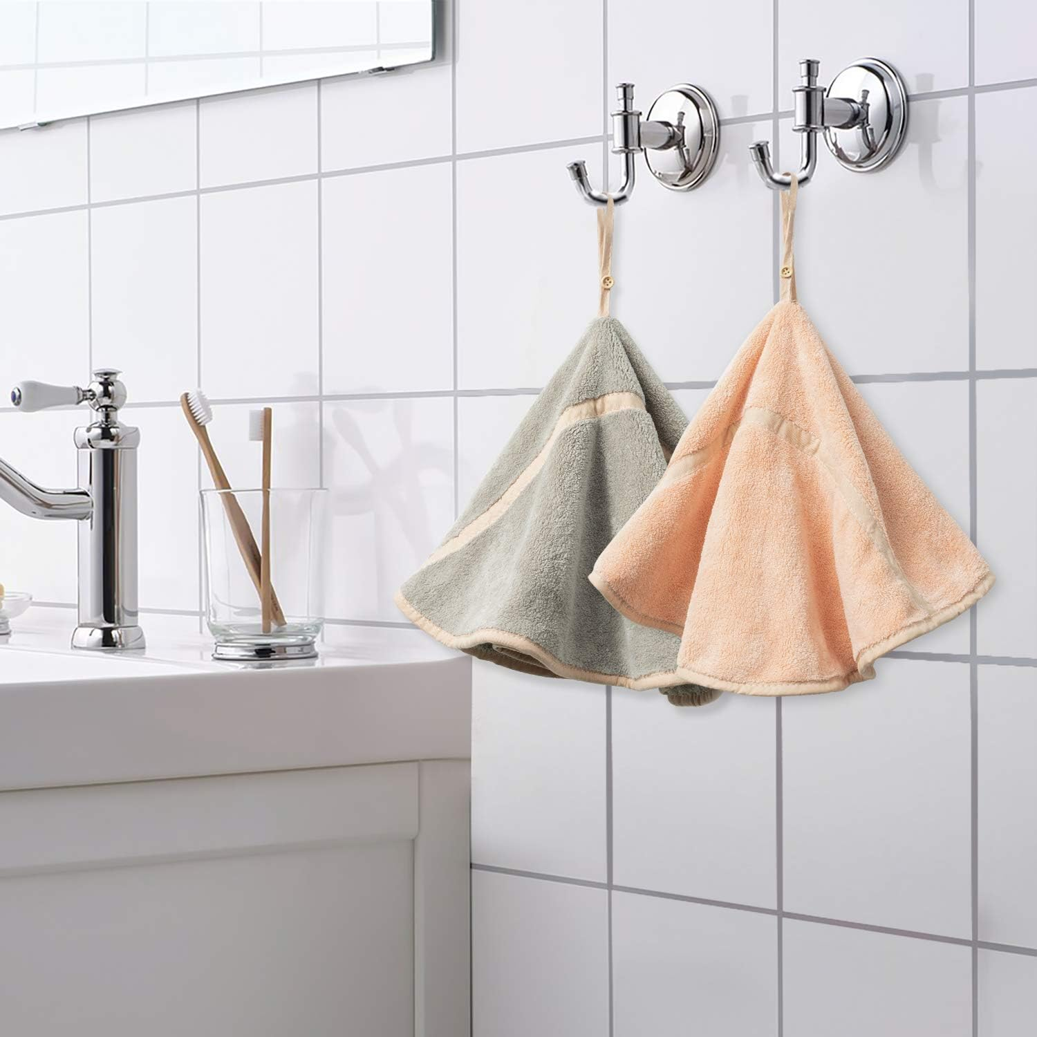 R Horse 4Pcs Hanging Hand Towels with Hanging Loop Absorbent Coral Fleece Bathroom Hand Towels Soft Thick Dish Cloth Hand Dry Towels round Hand Towels for Kitchen Bathroom Hanging (4 Colors)