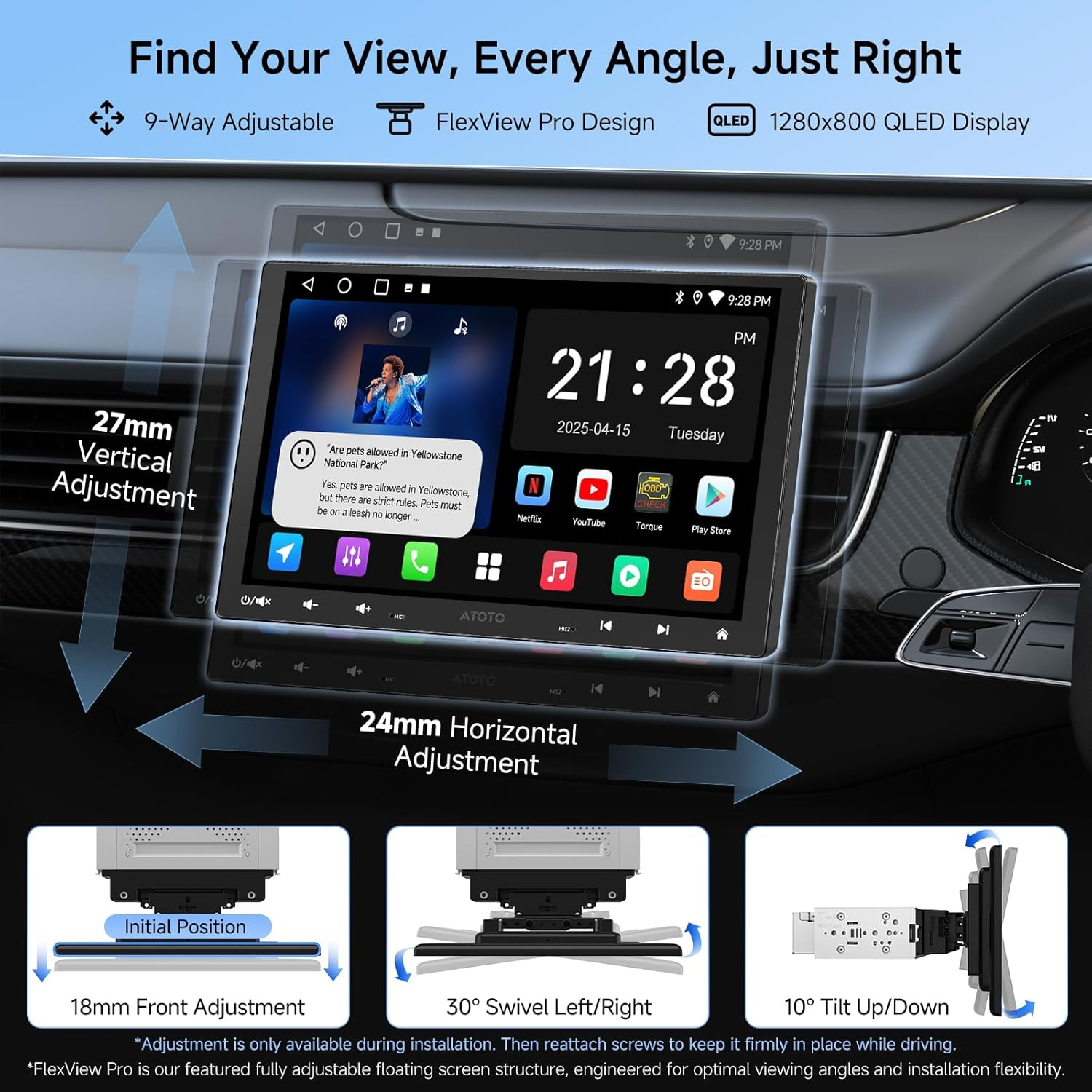 ATOTOZONE A5L 10Inch Android Double DIN & Single DIN Adaptive Car Stereo, Floating Display Screen, Wireless Carplay&Android Auto, Wifi/Usb/Bluetooth Tethering, Mirrorlink, DSP/FM/RDS, 2G+32G image number 6