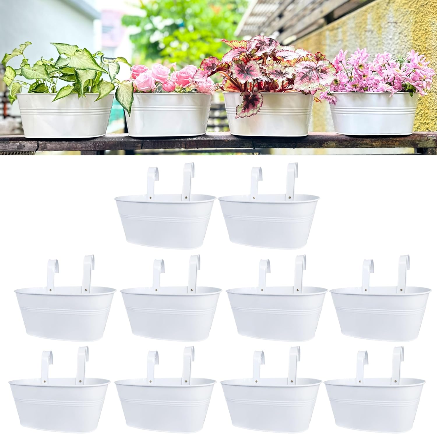 Lalagreen Rail Planter Outdoor Plants (8 Pack, 11.8 Inch) White Metal Iron Hanging Flower Pots Deck Railings Fence Buckets Modern Countryside Boho Style Wall Mount Window Box Holder Hooks Porch Decor
