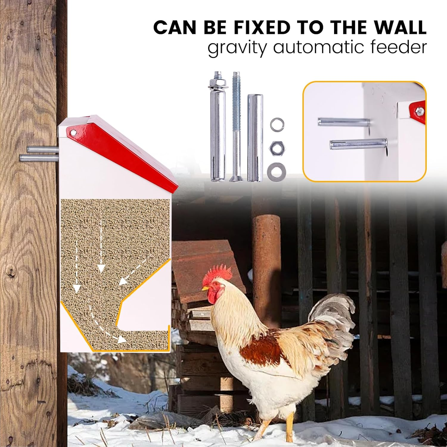 Galvanized Wall Mount Chicken Feeder No Waste Hanging Chicken Feeder with Lid Weatherproof Metal Automatic Poultry Feeder Trough Food Dispenser for outside Coop (10 Lbs) image number 3