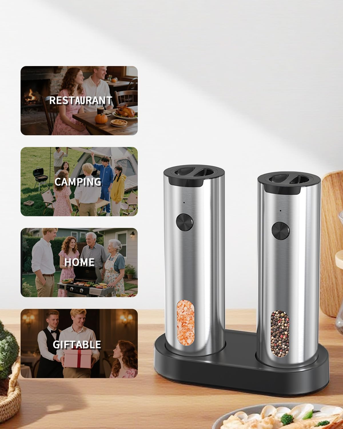 CIRCLE JOY Electric Salt and Pepper Grinder Set with USB Charging Base, Adjustable Coarseness, 110Ml Large Capacity, Stainless Steel Pepper Grinder, Silver image number 2