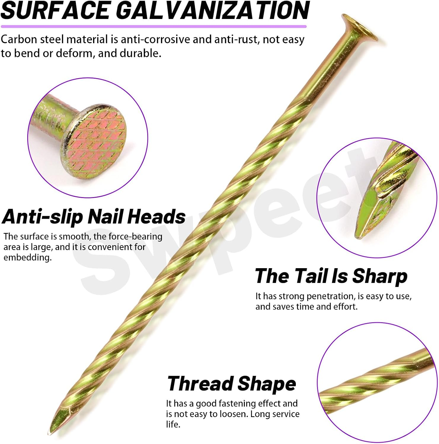 Swpeet 340Pcs 5 Sizes 40/60/80/100/150Mm Carbon Steel Colored Zinc Plated Fence Deck Nails Assortment Kit, Spiral Shank Spikes Spiral Deck Nail for House Floor Repairing Wall Woodworking image number 5