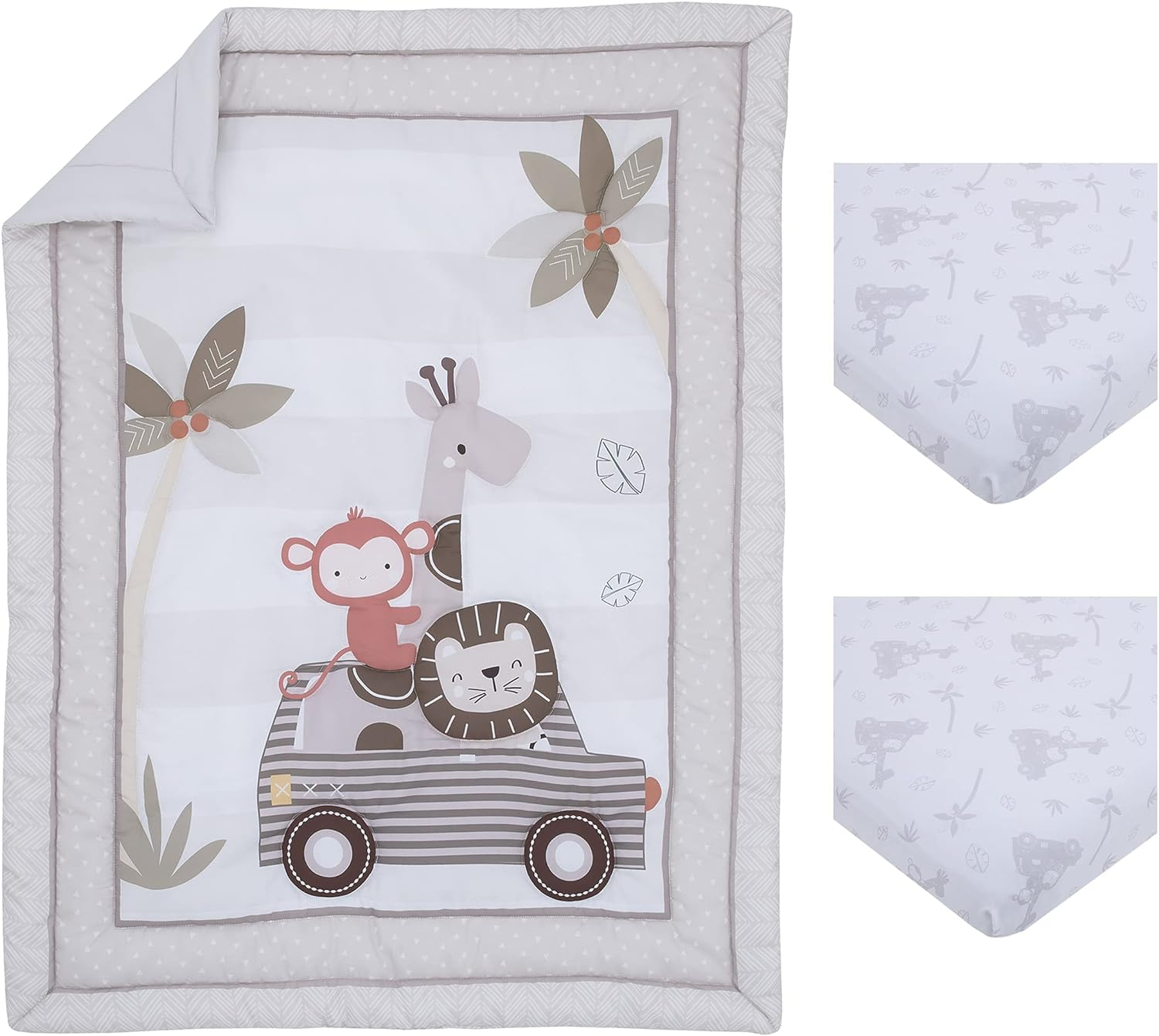 Nojo Elephant Stroll Dream Big Clouds & Stars with Chevron Border 3Piece Nursery Mini Crib Bedding Set - Comforter, & Two Fitted Mini Crib Sheets, Grey, White, Charcoal, Blue