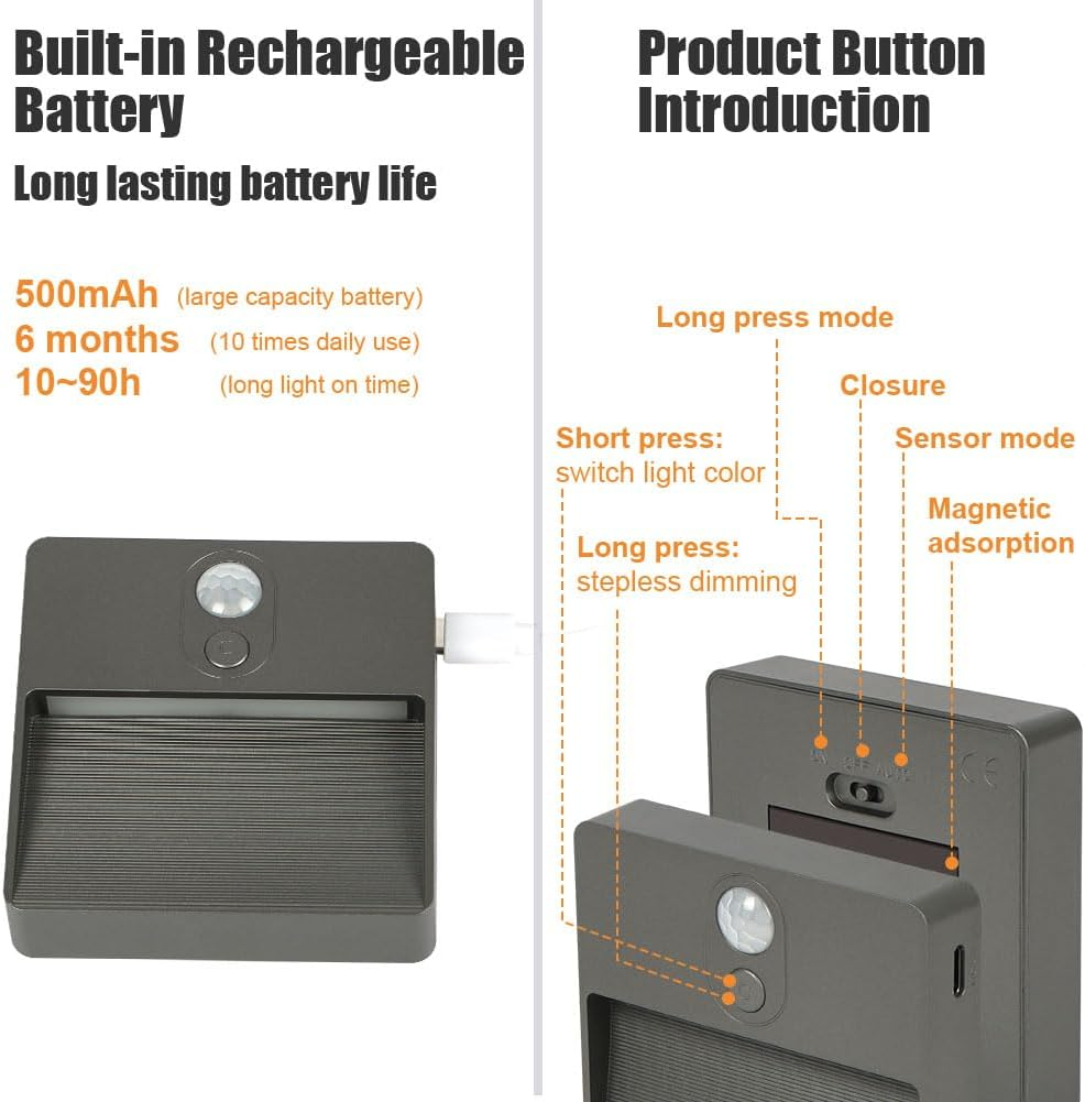 HOTUT Motion Sensor Night Light,2Pcs Stick-On Battery Powered Night Lights,Warm Light,4 RGB Colors,Auto/On/Off Light,Stair Sensor Lights Indoors,Night Light for Stair,Hallway,Kitchen,Closet (Gray)