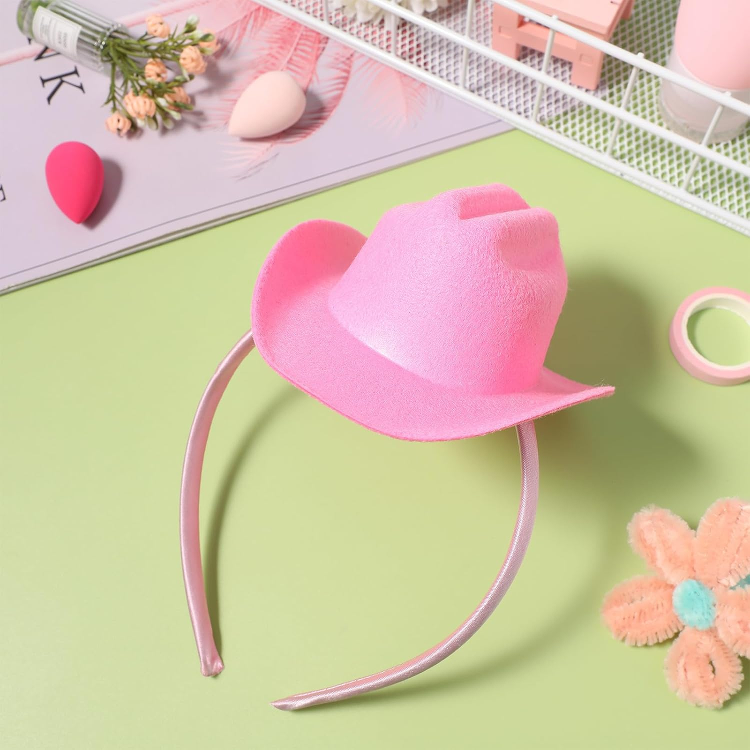 BIUDECO Mini Pink Cowboy Hat Headband Party Accessory for Women Western Masquerade Costume Cowgirl Hat Band image number 1