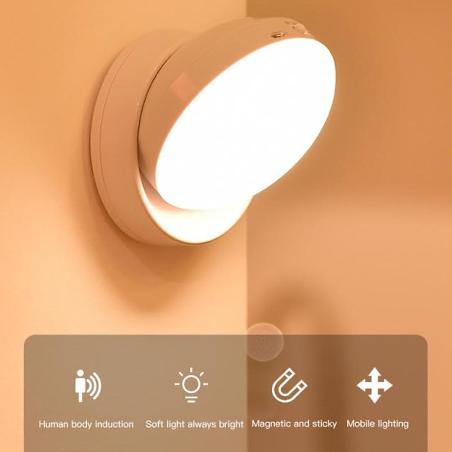 LED Motion Sensor Night Light, Rechargeable LED Night Lights, LED Induction Lamp with Double Sided Tape, 360 Degree Rotating, for Stair Closet Hallway Bedroom (Warm Light) image number 2