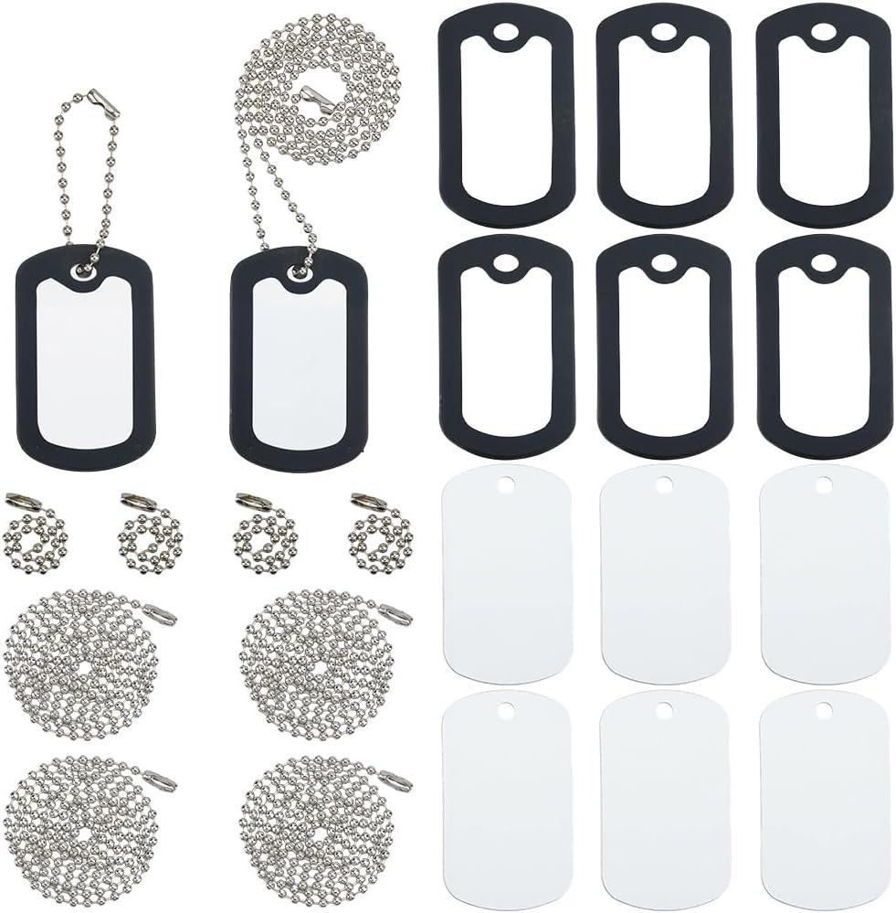 SOFPLATE 8 Set (24 Pieces) Black Military Dog Tags with Rubber Damper Aluminium Pet Tags (Blank) with Ball Chain and Silicone Case for Noise Reduction and Protection of the Dog Brand ID SCH image number 3
