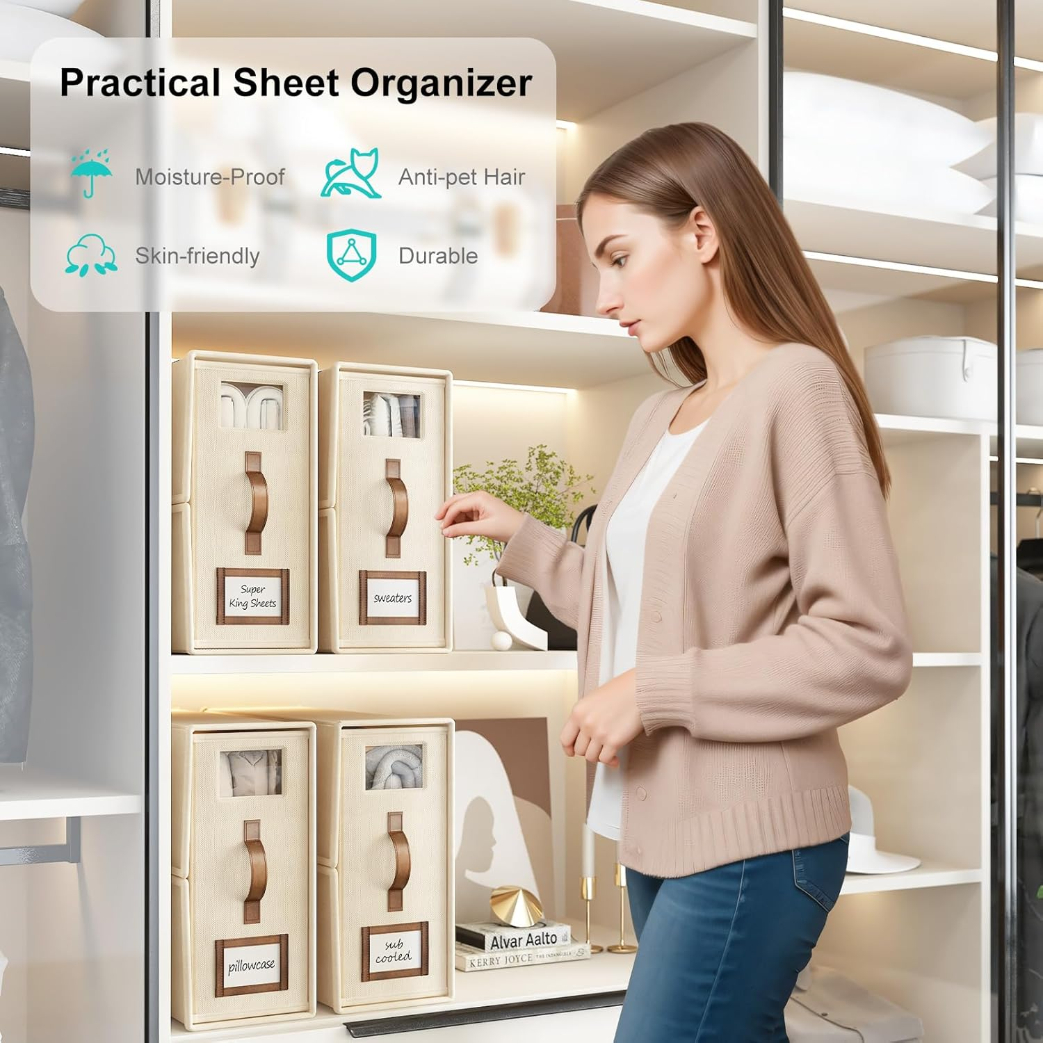 Bigponpon 6 Pack Bed Sheets Organizers and Storage (Cal King Size), Foldable Organizer with Handle for Linen Closet, Bedding Storage for Sheets, Duvet Cover (Beige) image number 3