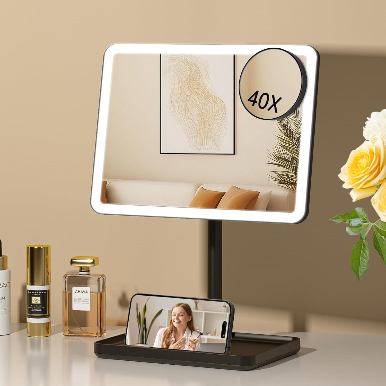 FUNTOUCH Rechargeable Makeup Vanity Mirror with Lights, Large Lighted Desk Makeup Mirror with 96 LED Lights and 10X Magnifying Mirror, 3 Color Lighting, Light up Make up Mirror with Phone Holder