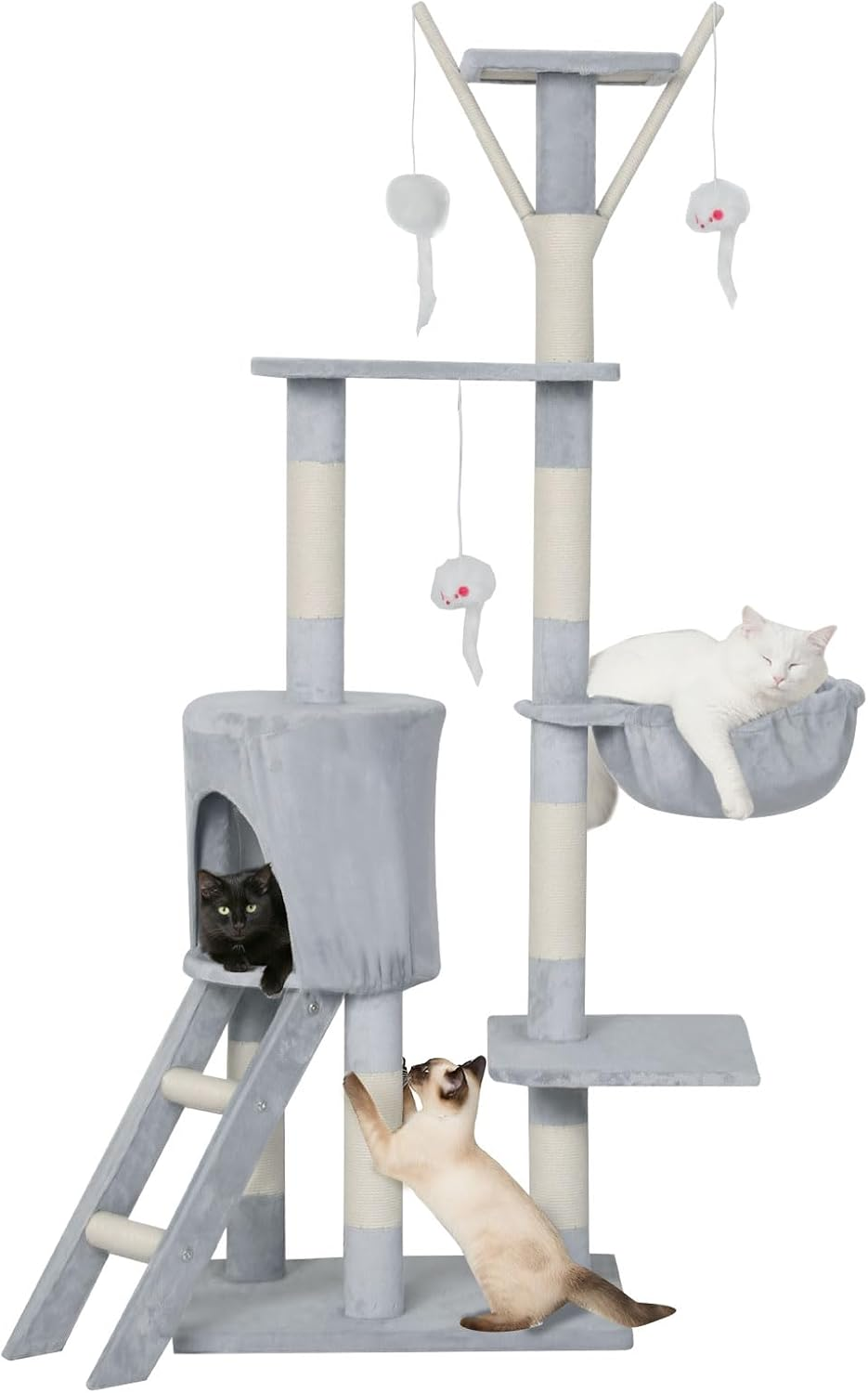 Pawz Cat Tree, 143Cm Cat Scratching Post and Pads, Multi-Level Play Tower, Cat Condo with Padded Plush, Cat Tower with Hammock for Large Cats, Cat Activity Center, Home Pet Furniture Grey image number 1