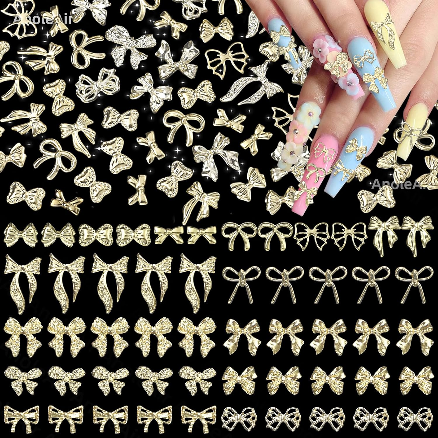 32 Styles 160 Pcs Metal Golden Bow Nail Charms, 3D Alloy Bow Bowkont Nail Charms for Acrylic Nails, Gold Bows Nail Art Charm for Nails DIY Y2K