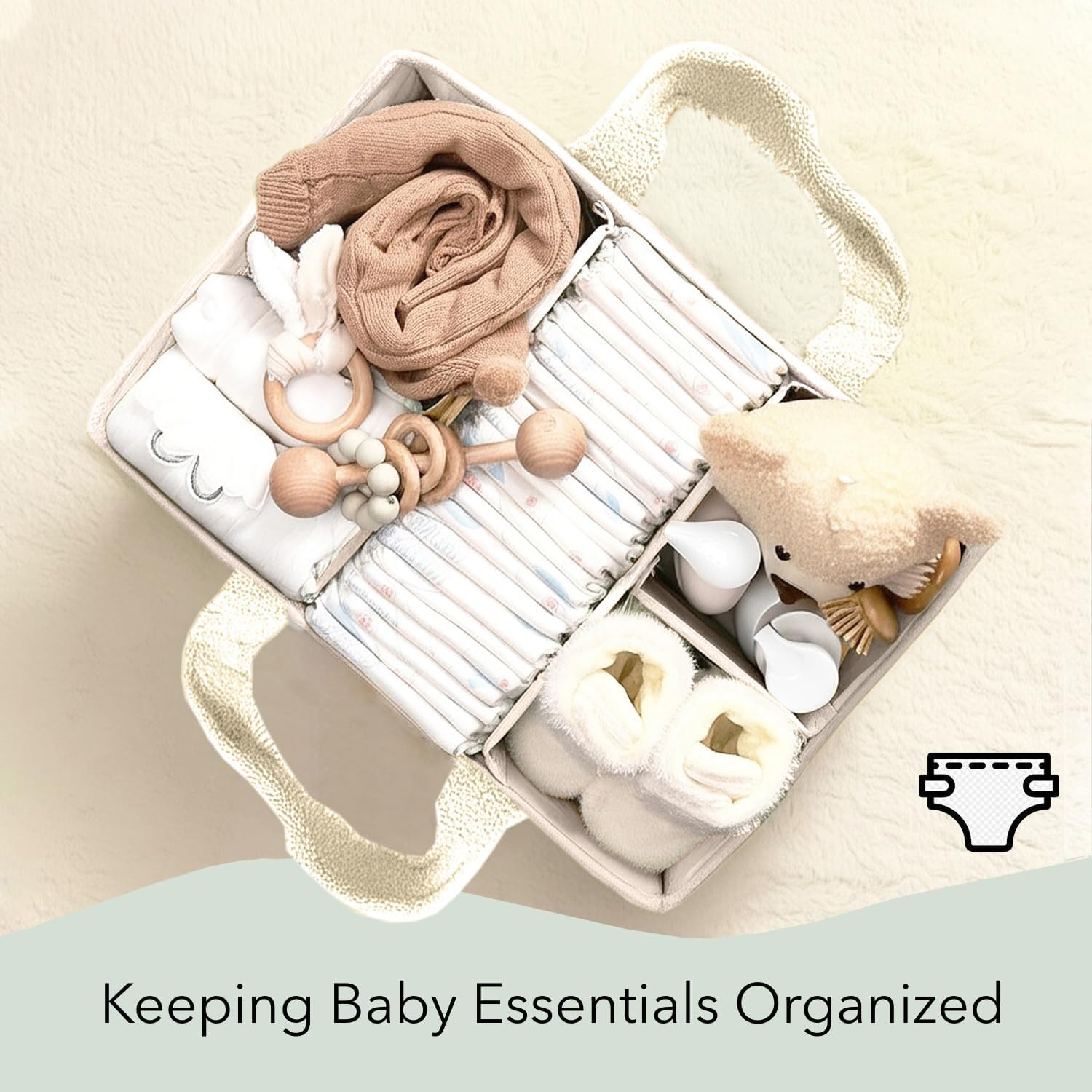 HJB VISSO Baby Diaper Caddy Organizer, Nappy Caddy Storage Basket for Wipes, Portable Nursery Diaper Organizer (Ivory White)