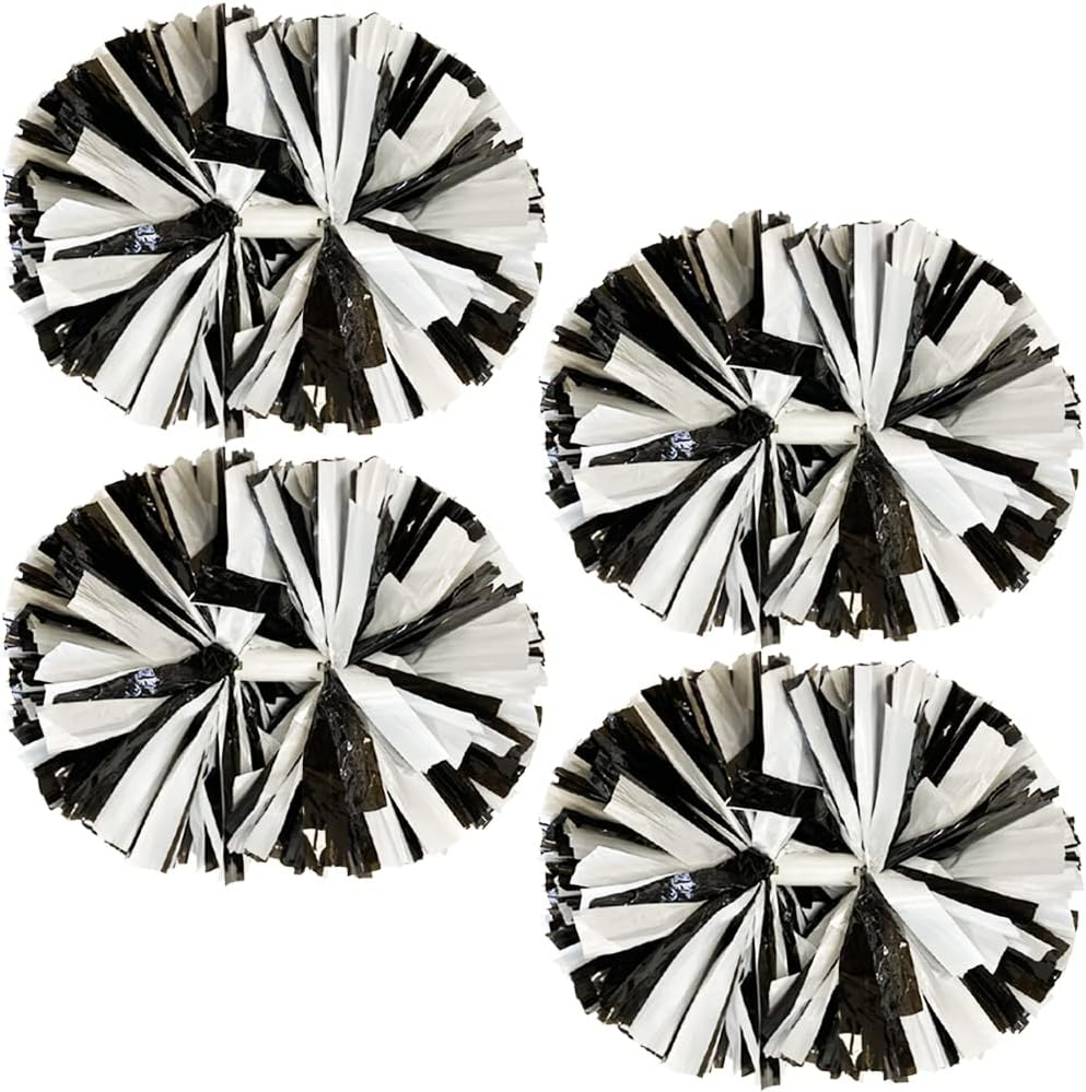 4 Pack Cheerleading Pom Poms,Metallic Cheer Pom Poms with Training Baton Handle for Team Sport Spirit Squad Bulk Cheerleaders(Black and White) image number 2