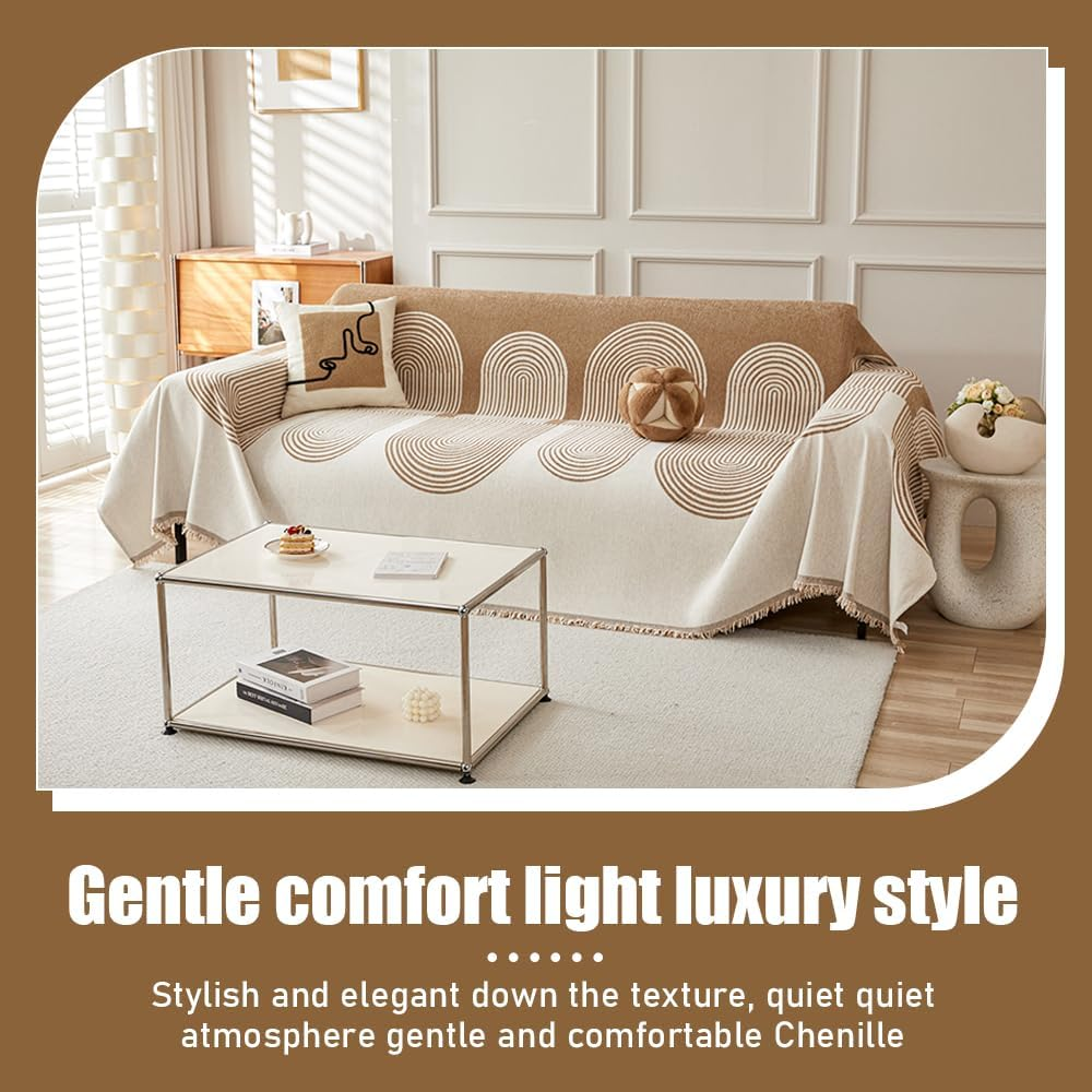 Chenille Sofa Cover, Easy-To-Wash Boho Couch Cover Blanket, Durable and Soft Sofa Protective Cover with Geometric Pattern, Multi-Use for Camping, Pet Mats, and Home Decor, 180X180 Cm (Beige) image number 4