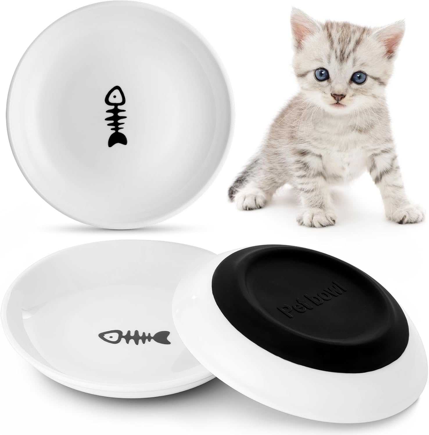 Dorakitten 10 Pcs Ceramic Cat Bowls, No Whisker Fatigue Wide Shallow Cat Dishes with Non-Slip Silicone Bottom, Pet Cat Food Water Plates Bowls, 15Cm Diameter