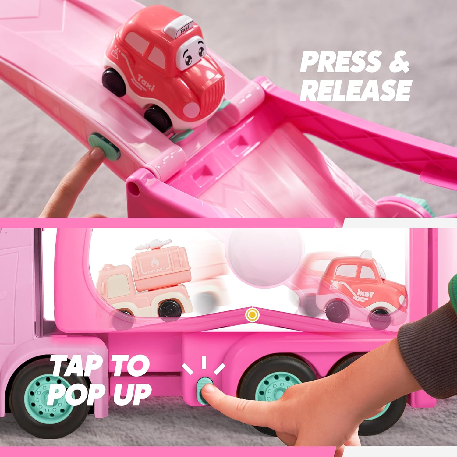 VROOMIX 3-Layer Extra Large Princess Pink Truck Toys for Girls, 7-In-1 Big Transport Vehicle Carrier Truck with Directional Tracks, Siren & Lights, 6 Cars, Chrismas Birthday Gifts for 3+ Years Old image number 6