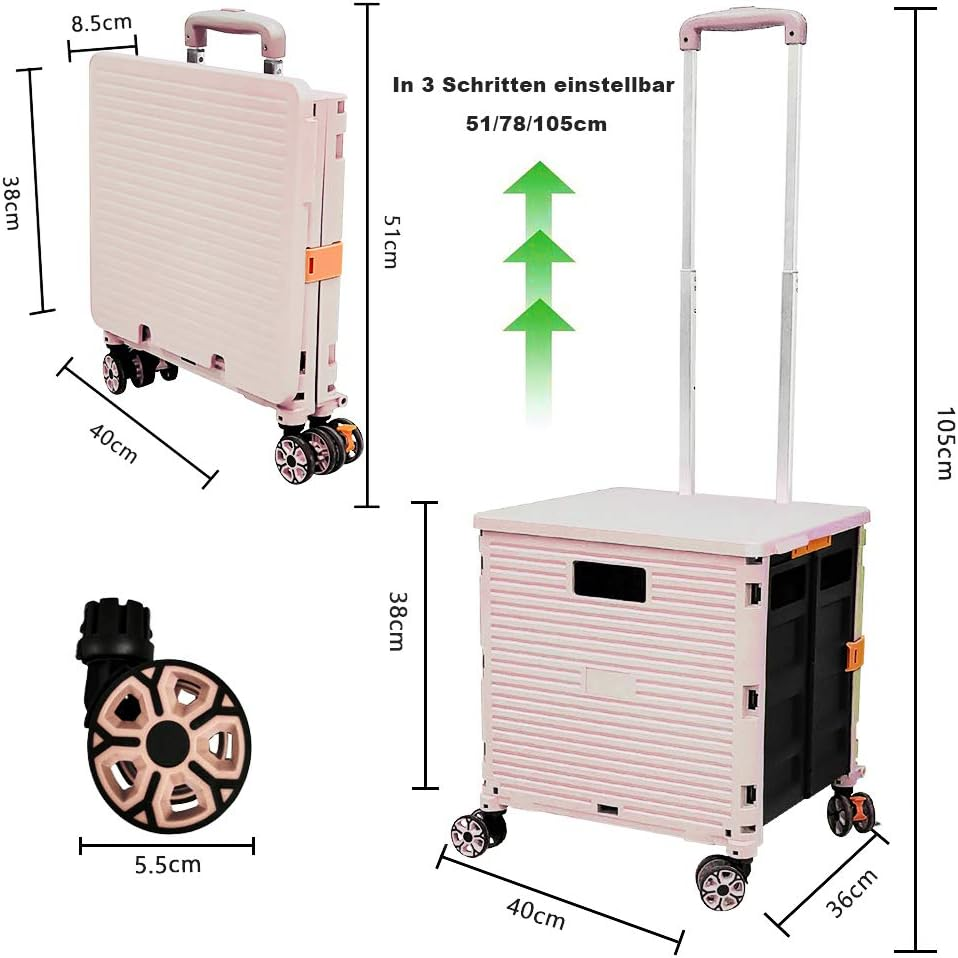 Foldable Utility Cart Folding Portable Rolling Crate Handcart Shopping Trolley Wheel Box with Lid Wear-Resistant Noiseless 360&deg;Rotate Wheel for Travel Shopping Moving Storage Office Use (Pink)