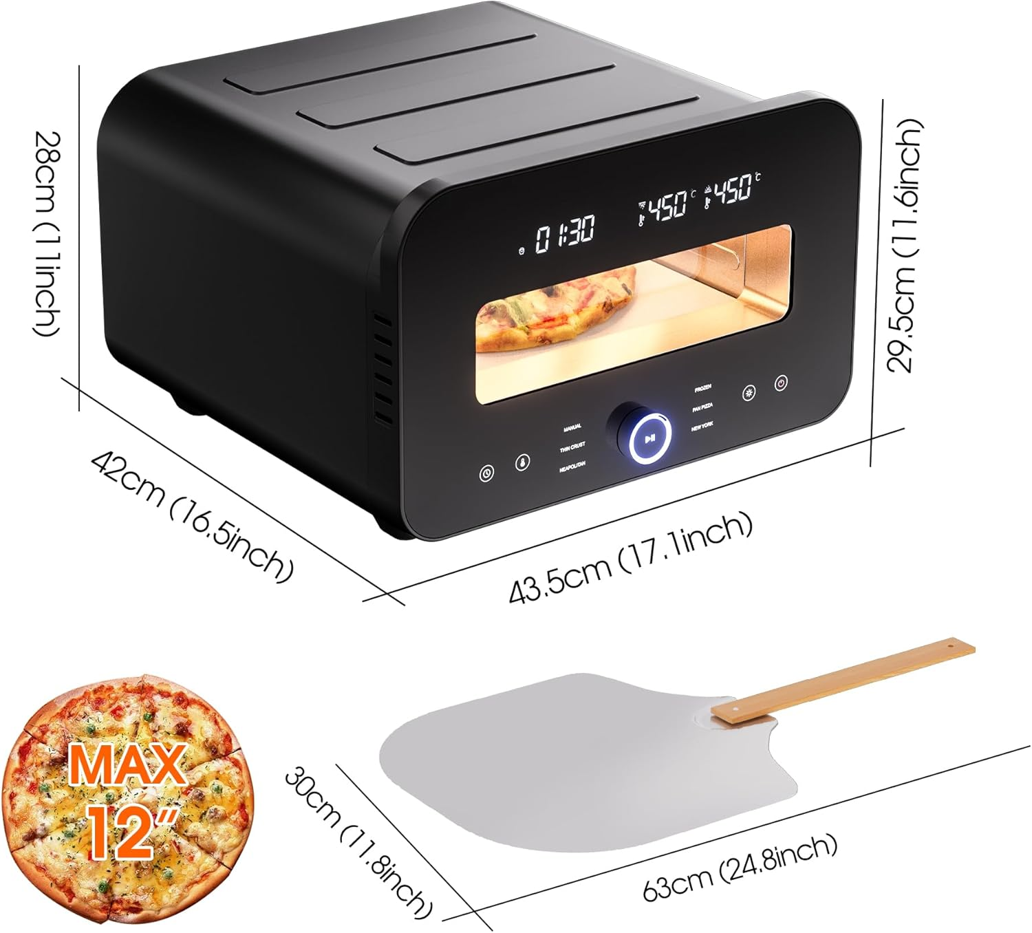Advwin Electric Pizza Maker, 1700W Countertop Pizza Oven with 6 Presets, Indoor Versatile Smart Pizza Cooker for 12" Pizza | 80-450℃ | Pizza Stone and Peel image number 3