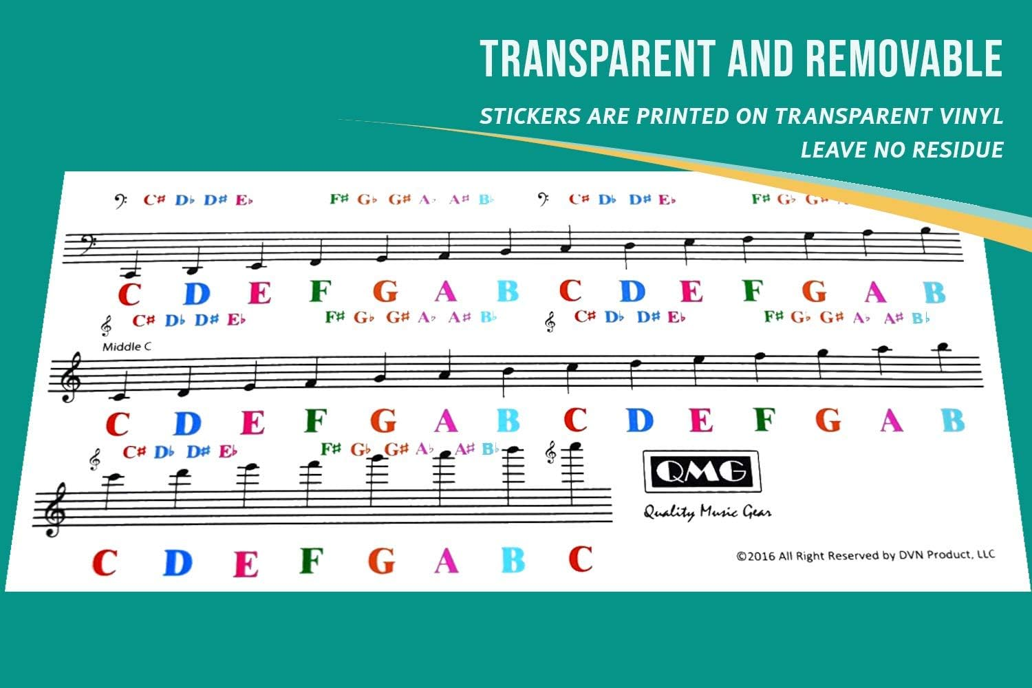 QMG Piano Sticker for 61 Key Keyboards &ndash; Transparent and Removable, Kids Learning Piano, No Residue Leaves image number 2