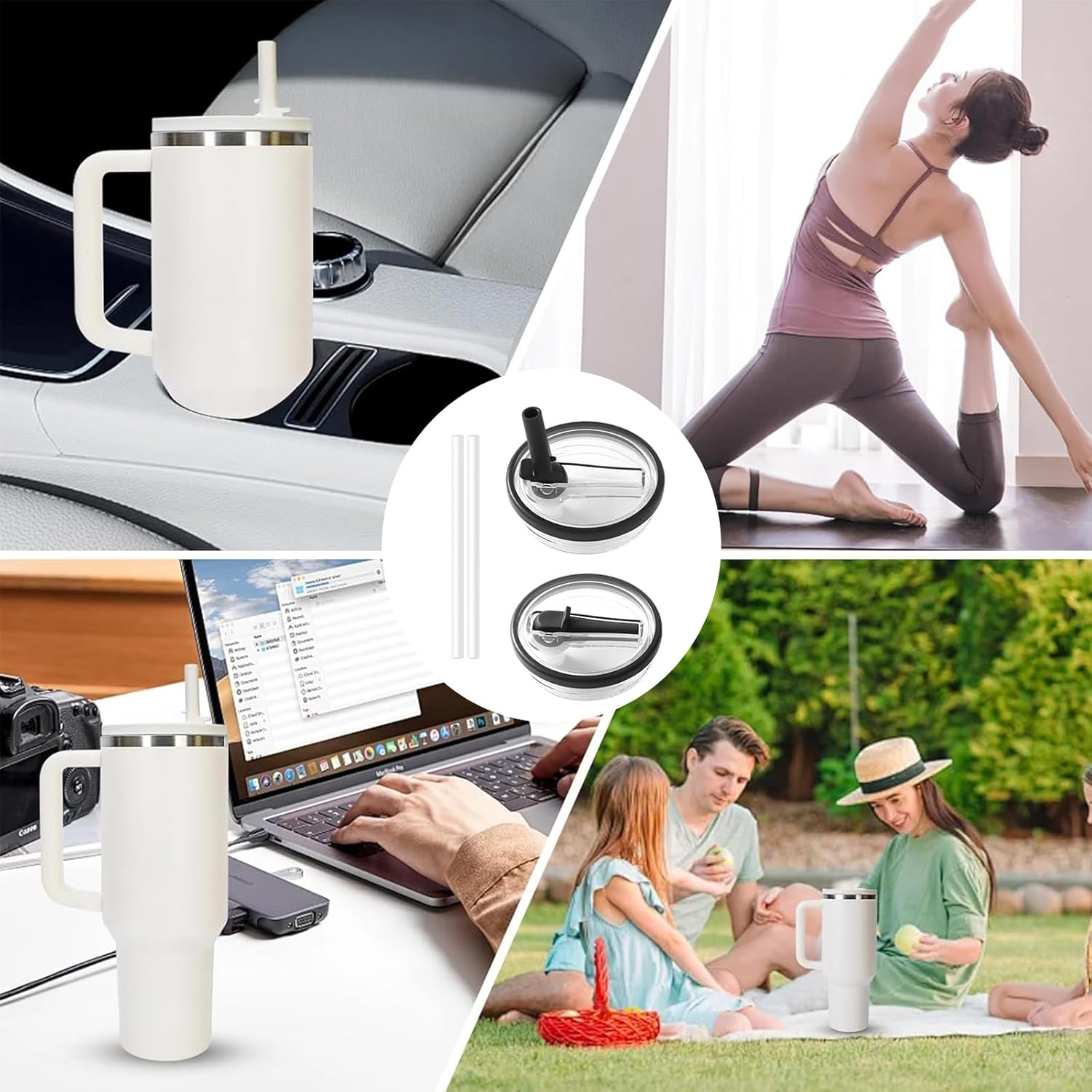 40 Oz Tumbler Flip Straw Lid Replacement Fit for Stanley Quencher,Spill Proof Splash Resistant Tumbler Lids,Reusable Tumbler Cover for Stanley Cup Accessories,Pack of 2,Black - Black image number 4