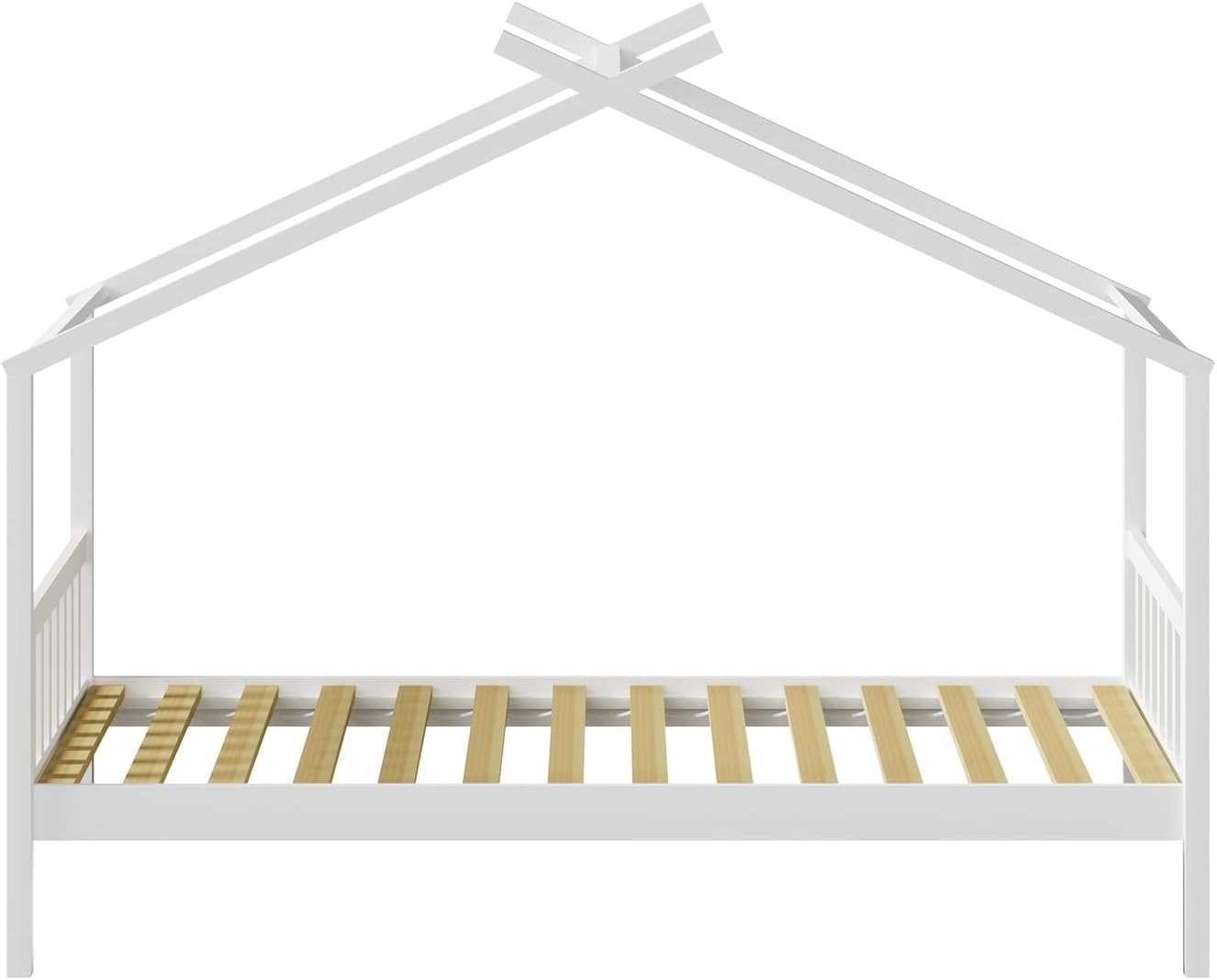 Oikiture Kids Single Bed Frame with Wooden Timber Base Kids House Wood Mattress Base Platform, White image number 6