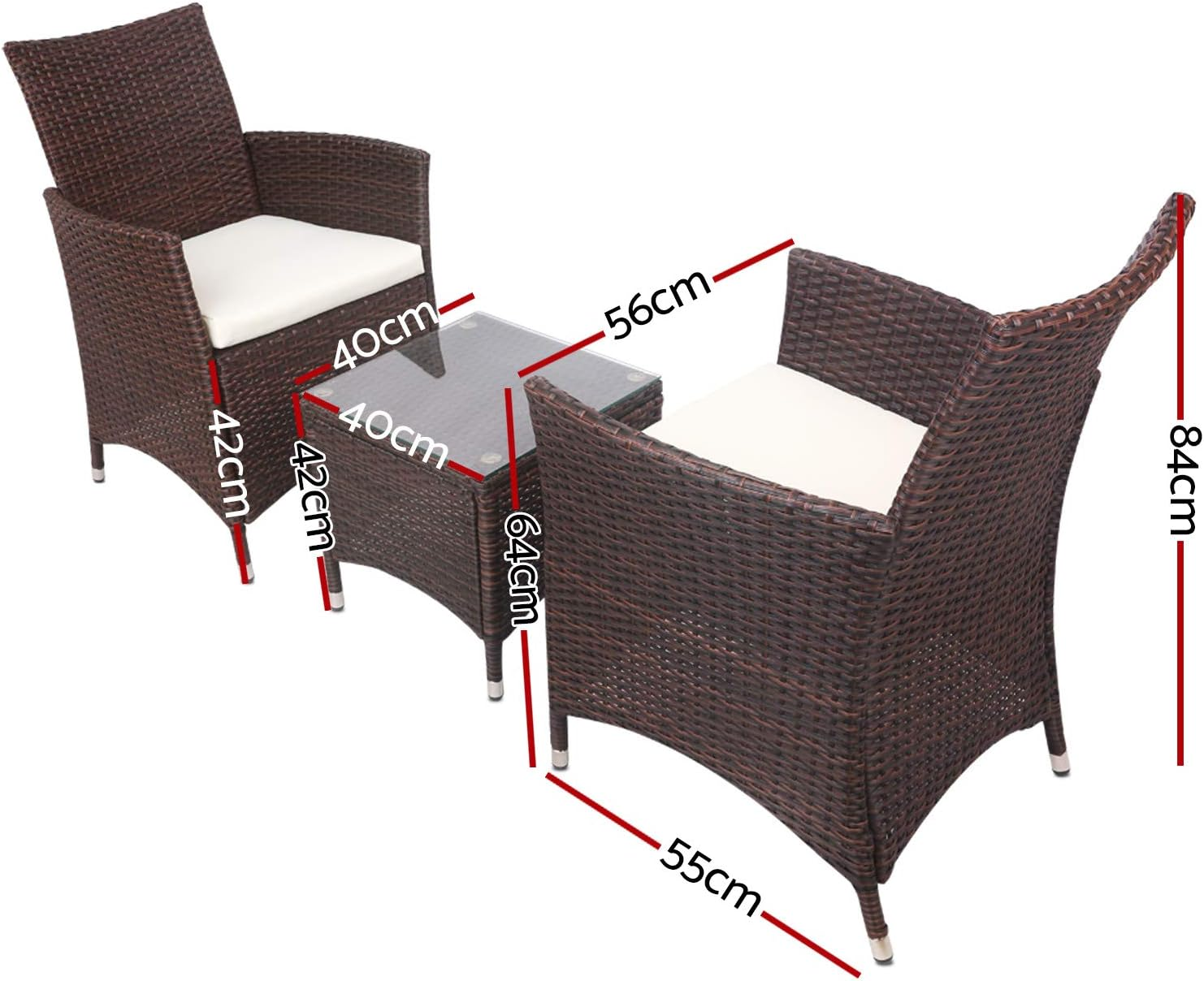 Gardeon 3Pcs Wicker Patio Furniture, Bistro Set Table and Chairs Outdoor Lounge Setting Conversation Sets Dining Chair Garden Backyard, Cushion with Rattan Coffee Table Glass Tabletop Black image number 4