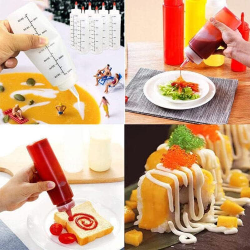 6PCS 250/500ML Sauce Bottle Squeeze Crafts Bottle Condiment Dispenser, Leak-Proof Red Cap, Clear Food-Grade PE, Bpa-Free, with Measurement Marks image number 1
