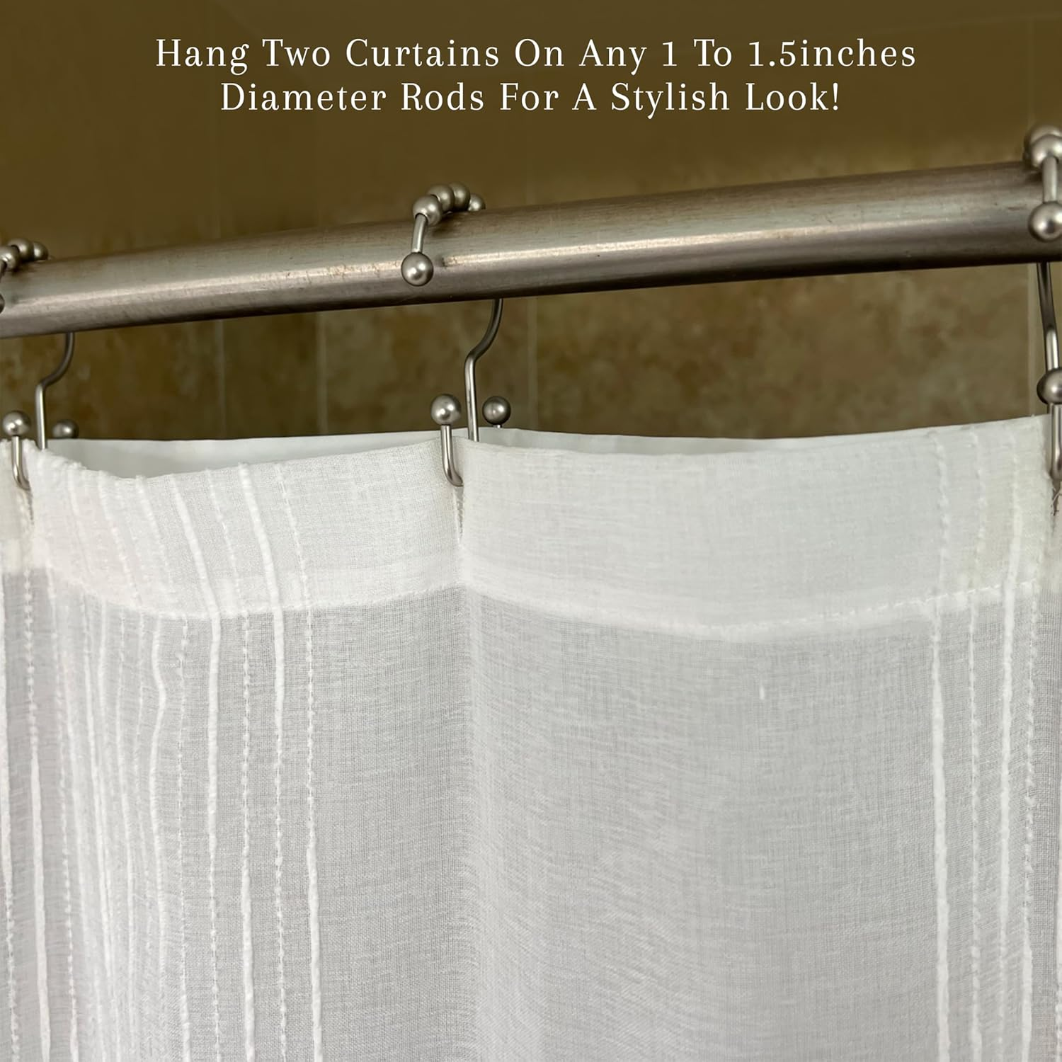 Premium Quality Double-Hook Rollerball Shower Curtain Rings (Set of 12 Hooks) in Brushed Nickel Finish - Rust-Free/Corrosion-Free image number 1