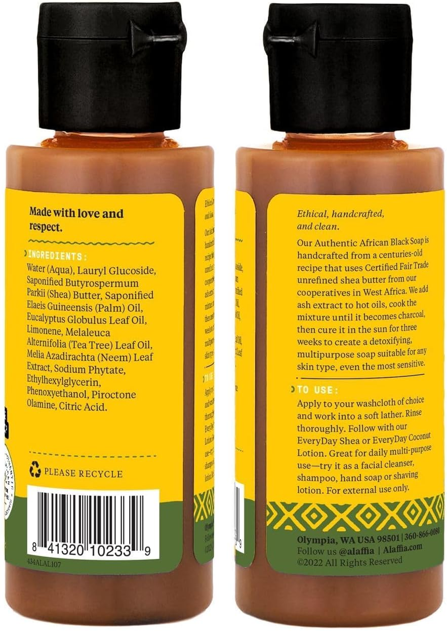 Alaffia Authentic African Black Soap Variety 2-Pack &ndash; All-In-One Liquid Soap, Travel-Size Eucalyptus Tea Tree + Full-Size Peppermint Body Wash, Face Wash, Shampoo, Shaving Soap image number 2