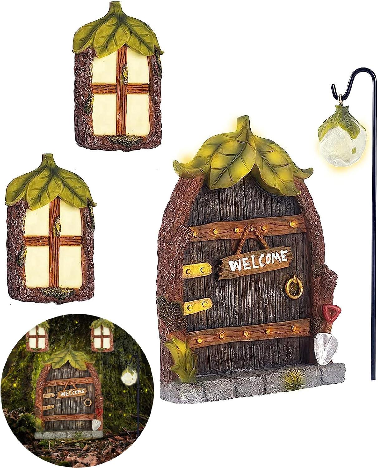 Miniature Fairy Garden Accessories: Glow in the Dark Fairy Door and Windows for Trees, Green Resin Garden Ornament with Lantern
