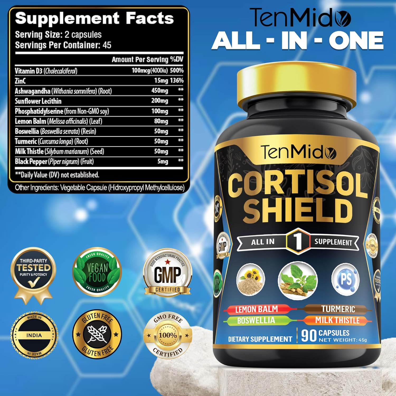 Cortisol Shield Supplement - 10In1 with Zinc, Vitd3, Ashwagandha, Sunflower Lecithin, Phosphatidylserine, Lemon Balm, Boswellia & More - 90 Vegan & Non-Gmo Capsules image number 6