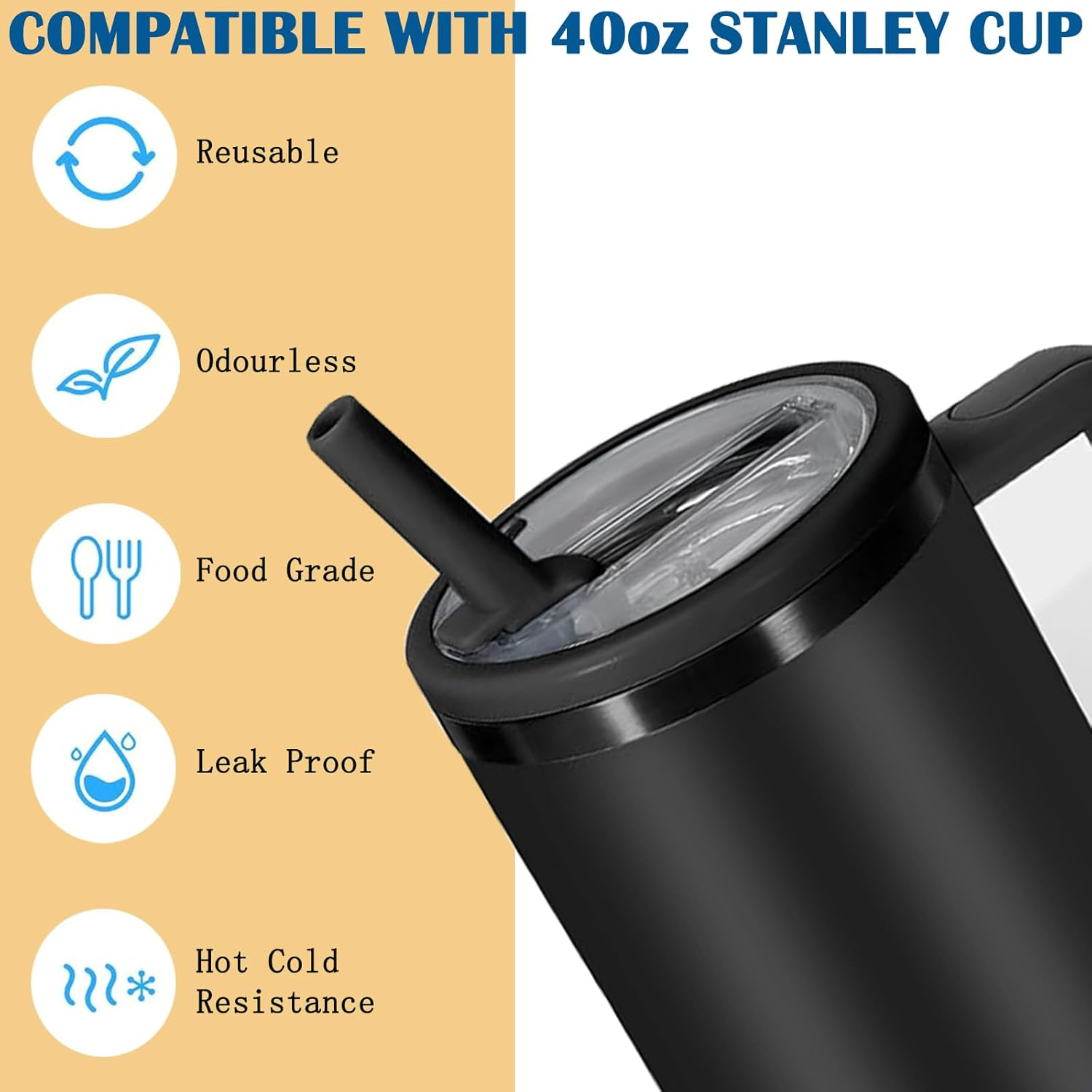 40 Oz Tumbler Flip Straw Lid Replacement Fit for Stanley Quencher,Spill Proof Splash Resistant Tumbler Lids,Reusable Tumbler Cover for Stanley Cup Accessories,Pack of 2,Black - Black image number 6