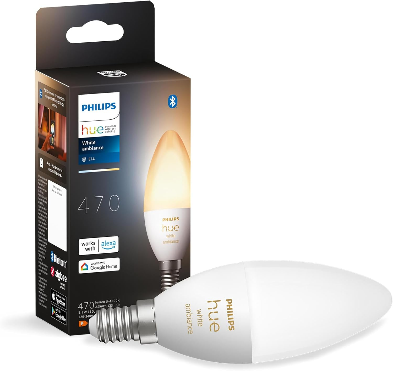 Philips Hue White Smart Single Luster Bulb LED E14 Small Edison Screw - 470 Lumens (40W Equivalent). Compatible with Alexa