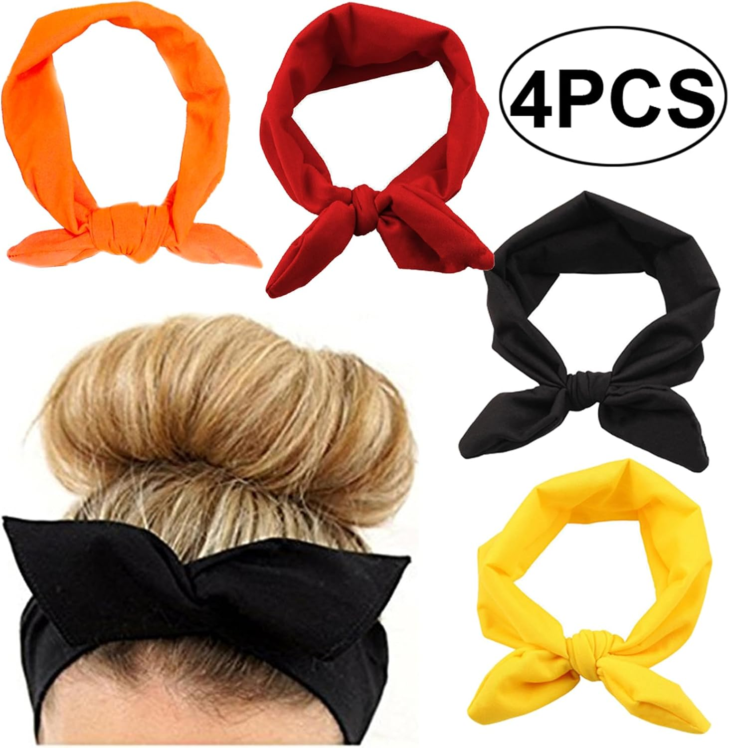 Yuyeran 4PCS Women Elastic Bow Hairband Adult Turban Knotted Bunny Ears Headband Headdress Hair Accessories Headwrap image number 6