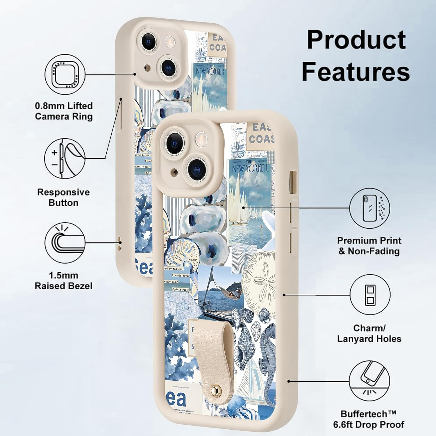 Yoedge Mobile Phone Case for Iphone 15, Case with Strap Chain, Cord Protective Case with Collage Aesthetic Coral Shells Pattern with Cord for Hanging Cover, Silicone Case 6.1 Inches, Puzzle image number 5