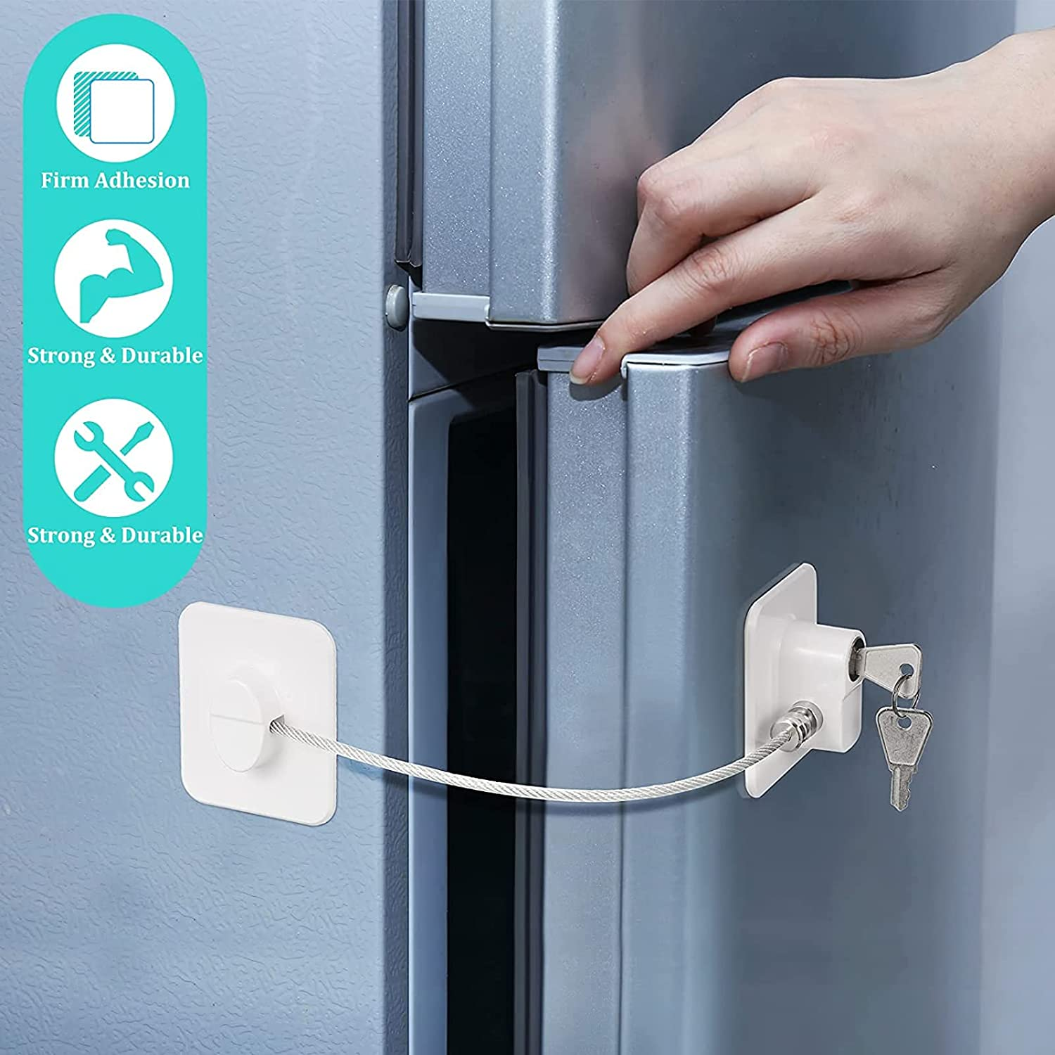 2Pcs Refrigerator Door Locks with 2 Keys Stainless Steel Zinc Alloy Strong Adhesive Lock Protect Baby Kids Safe for Windows Kitchen Cabinets Cupboard Refrigerator Drawer (White) image number 1