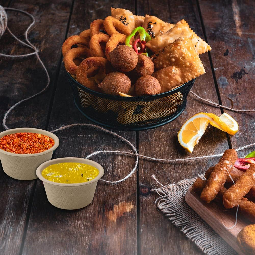 Leonbach 100 Pack Natural Bagasse Fiber Bowls 2Oz Disposable Paper Cups Microwavable Safe Sample Snack Charcuterie Serving for Sauce Portion Ice Cream Pet Food Desserts image number 5