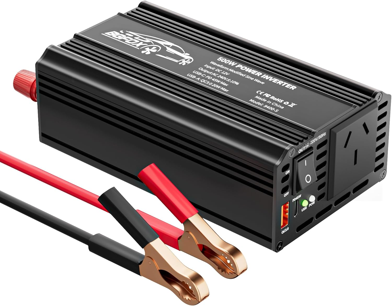 BGFOX 500W Car Power Inverter DC 12V to 240V AC Converter with 1 USB Ports and 1 PD Outlet, Car Charger Adpater for Road Trip and Camping-Black image number 1