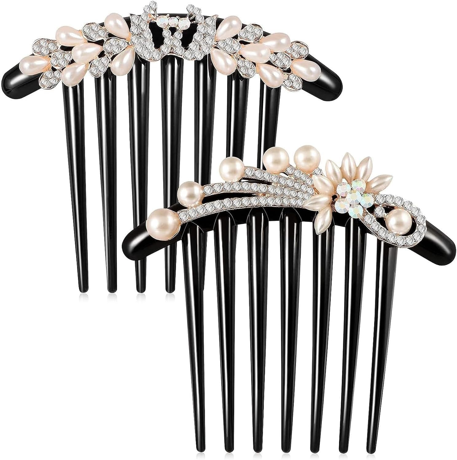 7 Teeth Pearl Crystal Rhinestone Floral Hair Side Comb, 2Pcs 7 Teeth Hair Side Combs Crystal Vintage Headpieces Hair Tools Pins for Women image number 3