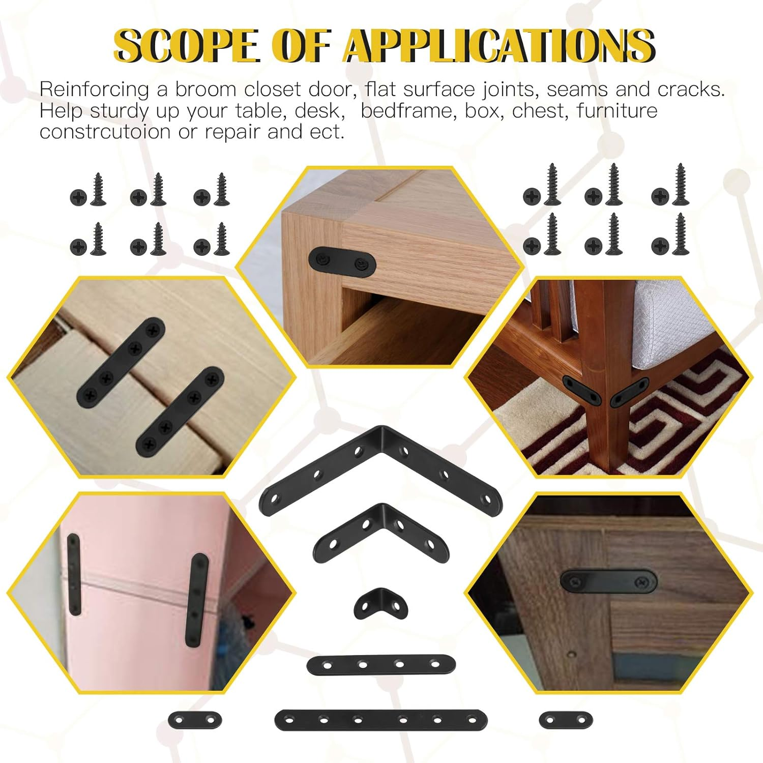 Mardatt 24 Sets Black Corner Braces L Brackets and Straight Braces Mending Plates Heavy Duty Assortment Kit with Screws Fasteners for Wood Shelf Chair Cabinet Furniture (20/50/100Mm,40/100/160Mm) image number 4