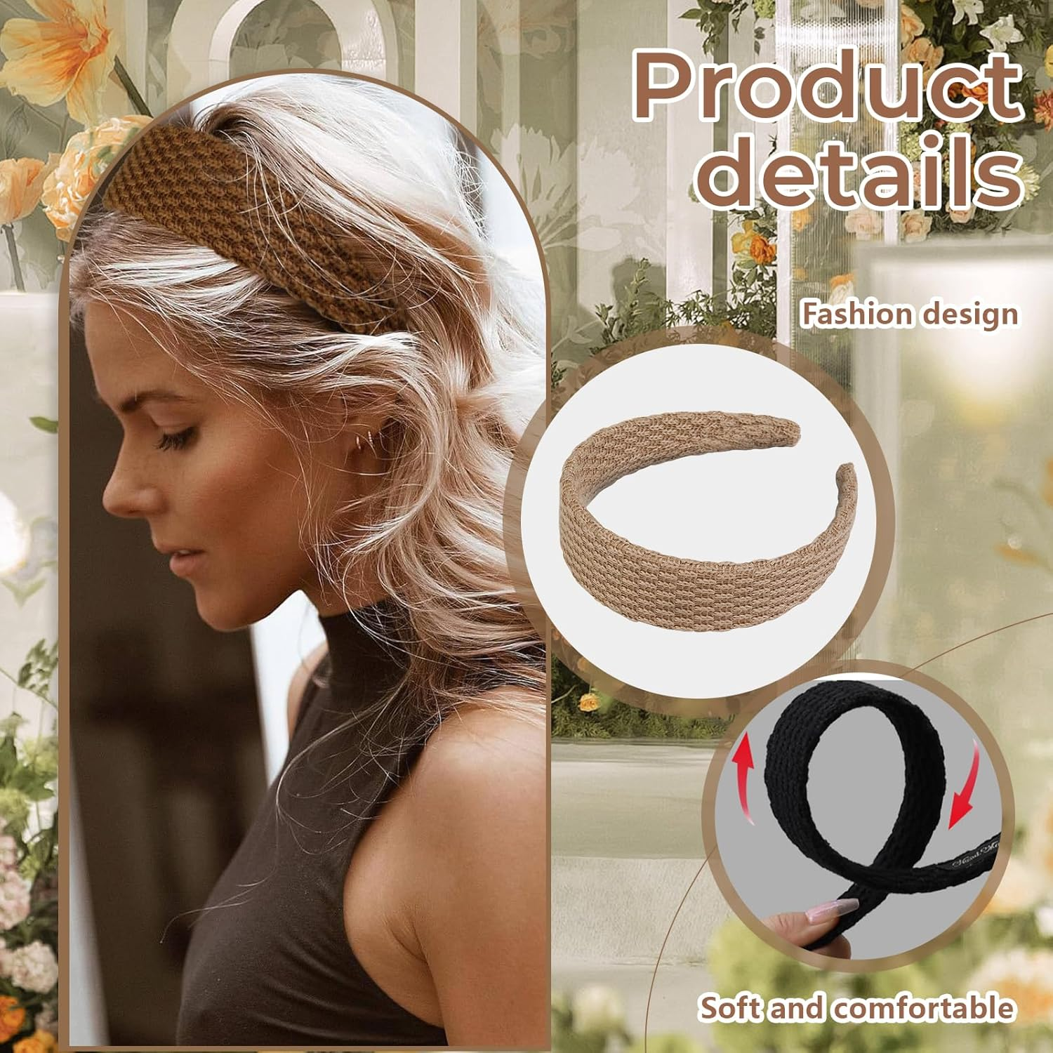 Auroriel 4 Piece Headbands for Women Knitted Trendy 4 Cm Wide Headbands Non-Slip Cute Hair Bands for Girls Solid Color Elastic Hair Bands for Women Hair Fashion image number 3