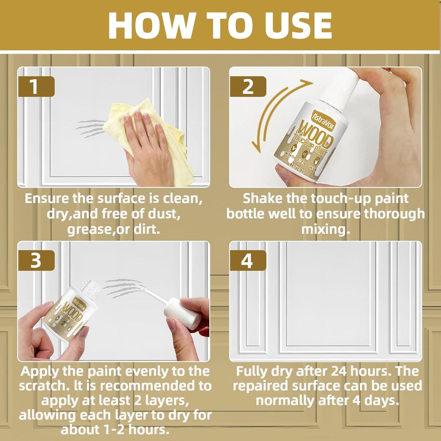 Astravox Wood Touch up Paint, 1.5 Oz White Paint for Wood Repair Scratches, Spots and Chips, Strong Adhesion Waterproof Quick Dry for Doors Tables Furniture Kitchen Cabinets Dressers - Black001 image number 5