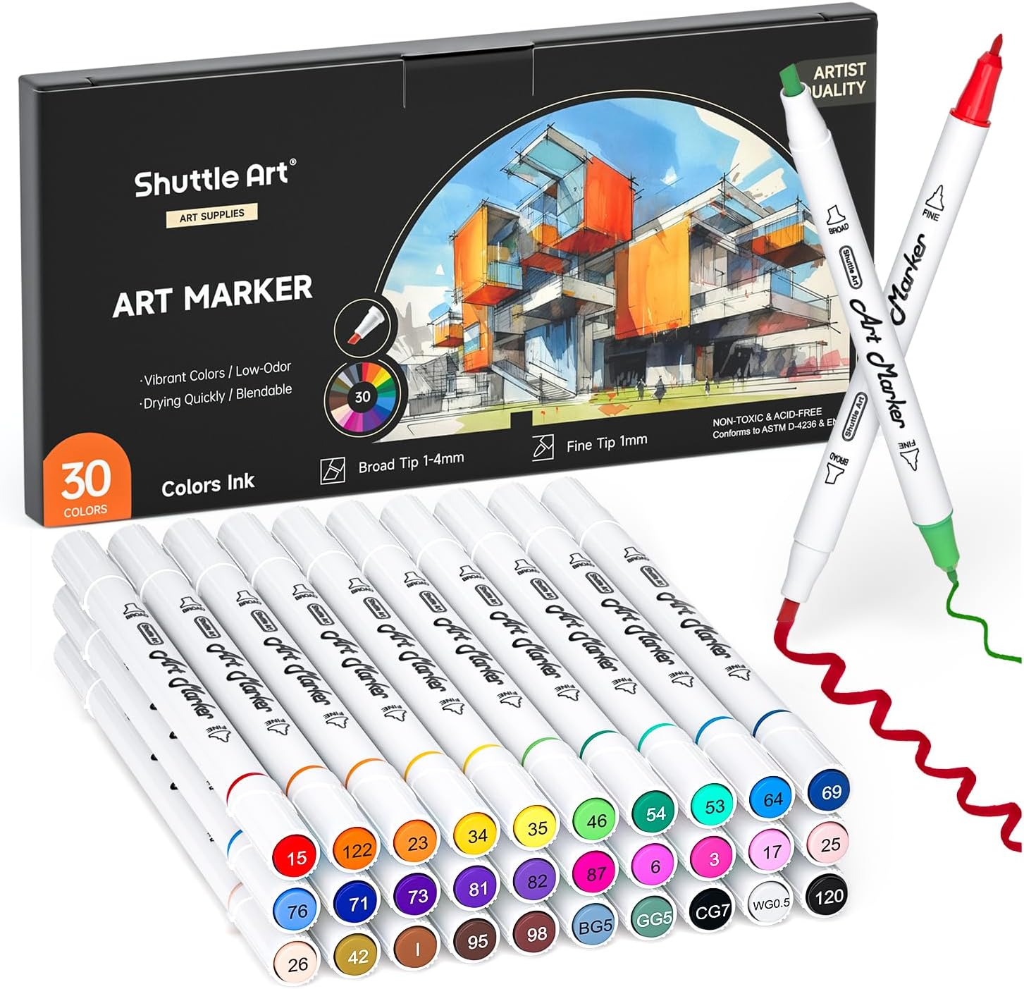Shuttle Art 30 Colours Alcohol Markers, Dual Tip Art Markers for Drawing, Sketching Highlighting, Marker Pens for Artists and Adult Colouring Manga Design image number 4