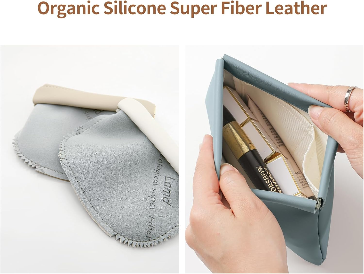 2 Pack Small Makeup Bag for Women, New Organosilicon Super Fiber Leather Mini Cosmetic Bag for Travel, Coin Purse Organizer Storage Pouch, Blue, Stylish