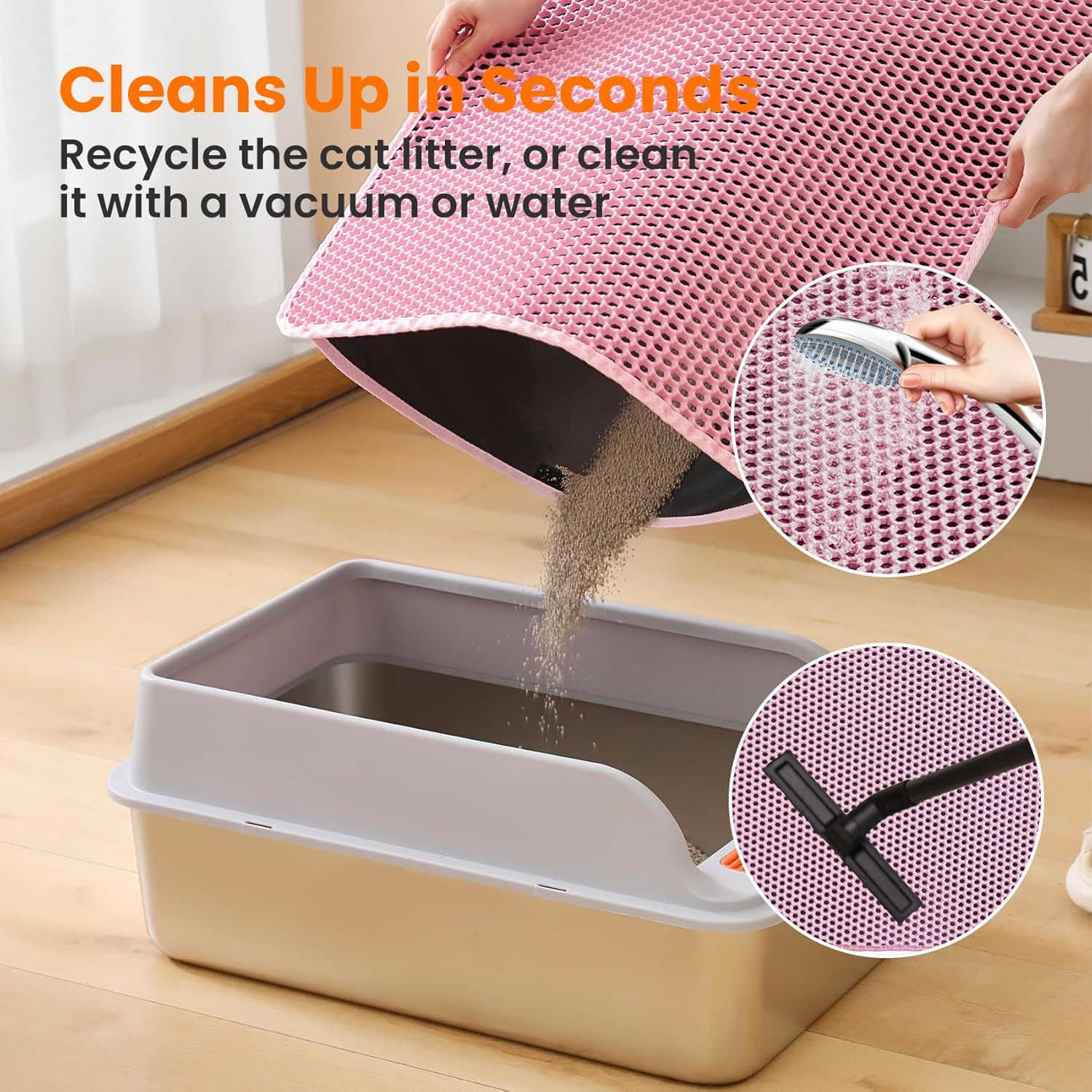 Petinstinct Cat Litter Mat, 45.7X26 Inches Extra Large Honeycomb Double Layer Cat Litter Trapping Mat, Non Slip Waterproof Urine Proof Litter Box Mat, Kitten Supplies and Essentials, Pink image number 4