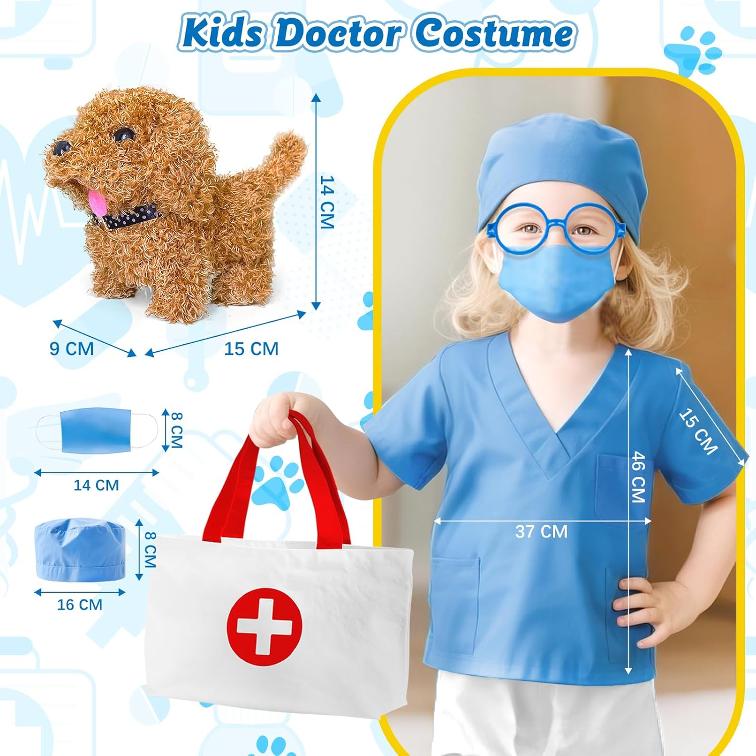 PELOSTA 34PCS Doctor Kit for Toddlers 3-5, Pretend Play Doctor Play Set with Dog Toy, Doctor Costume, Carrying Bag, Stethoscope, Dress up Toys for Kids Boys Girls Aged 3 4 5 6 7 8 (Blue)
