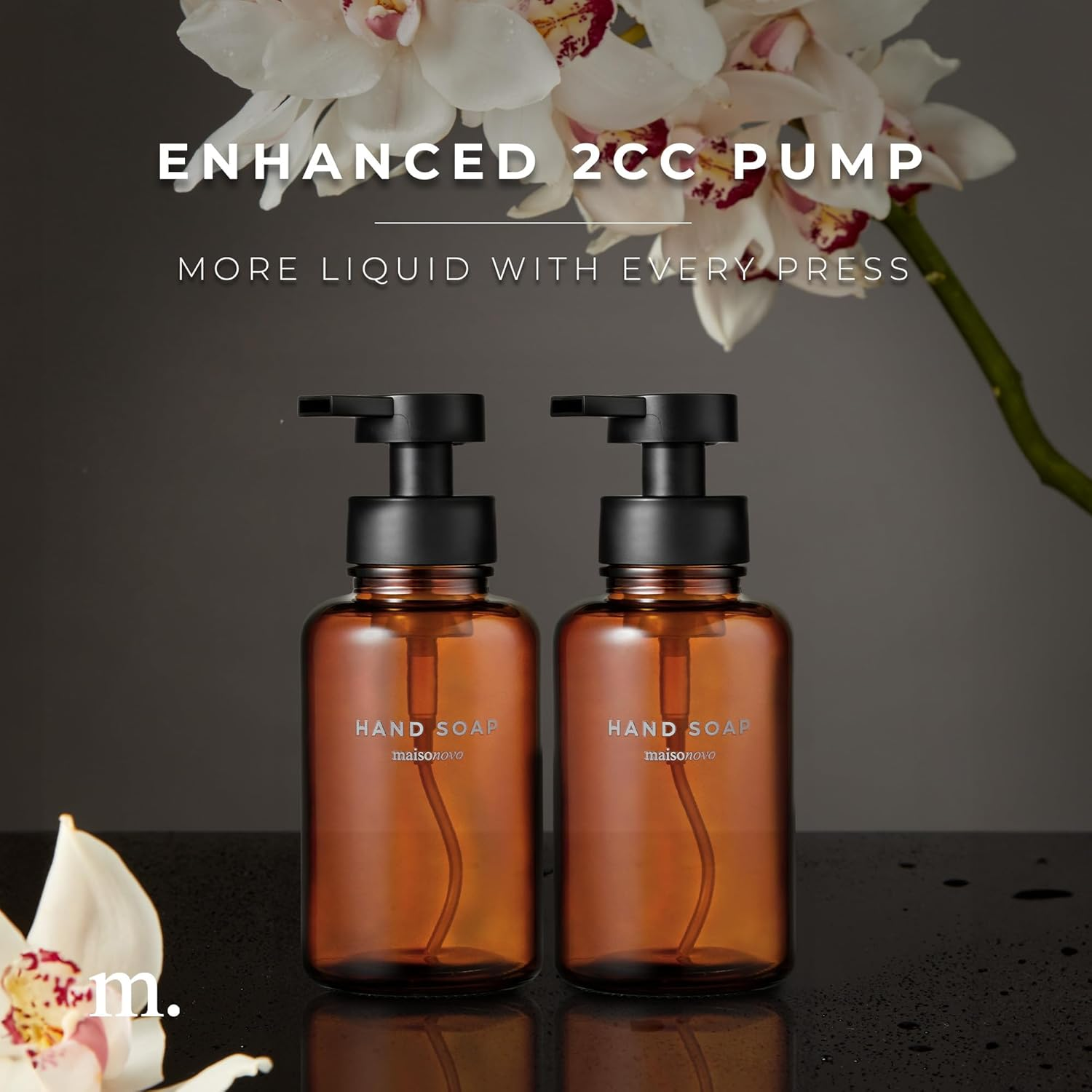 Maisonovo Glass Foaming Soap Dispenser 14 Oz | Amber Glass Black Pumps X 2 - Black Glass Plastic Pump X 2 image number 3