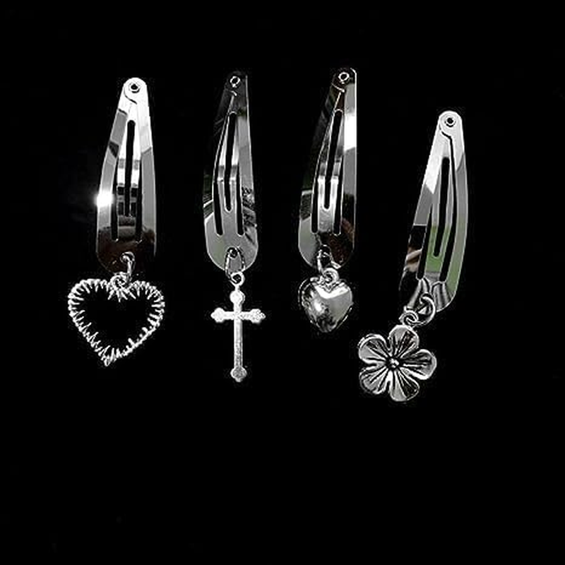 4Pcs Silver Metal Snap Hair Clips Chain Cross Heart Hair Barrettes Clips with Pendant Girls Hair Accessories，Hair Styling Accessories, Hair Care image number 4